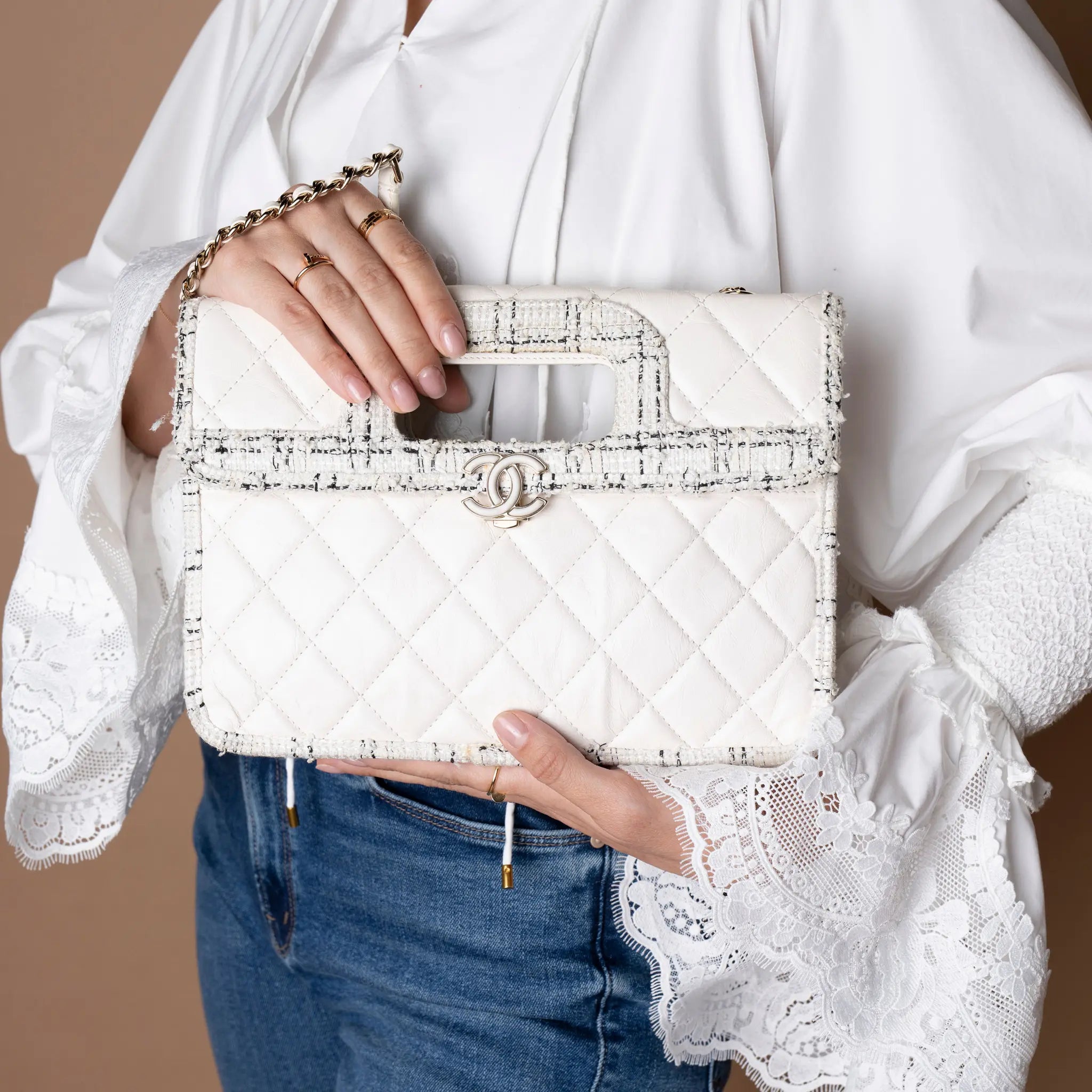 Chanel CC Tweed Trimmed Quilted Aged Calfskin Cutout Handle Bag — Detail View