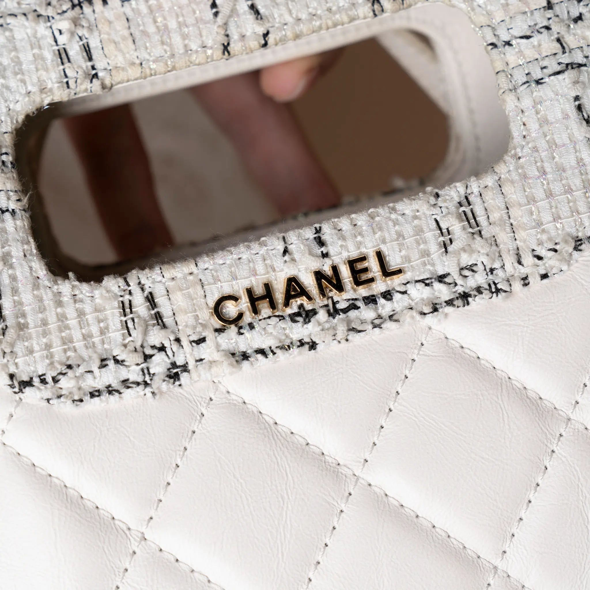 Chanel CC Tweed Trimmed Quilted Aged Calfskin Cutout Handle Bag — Detail View