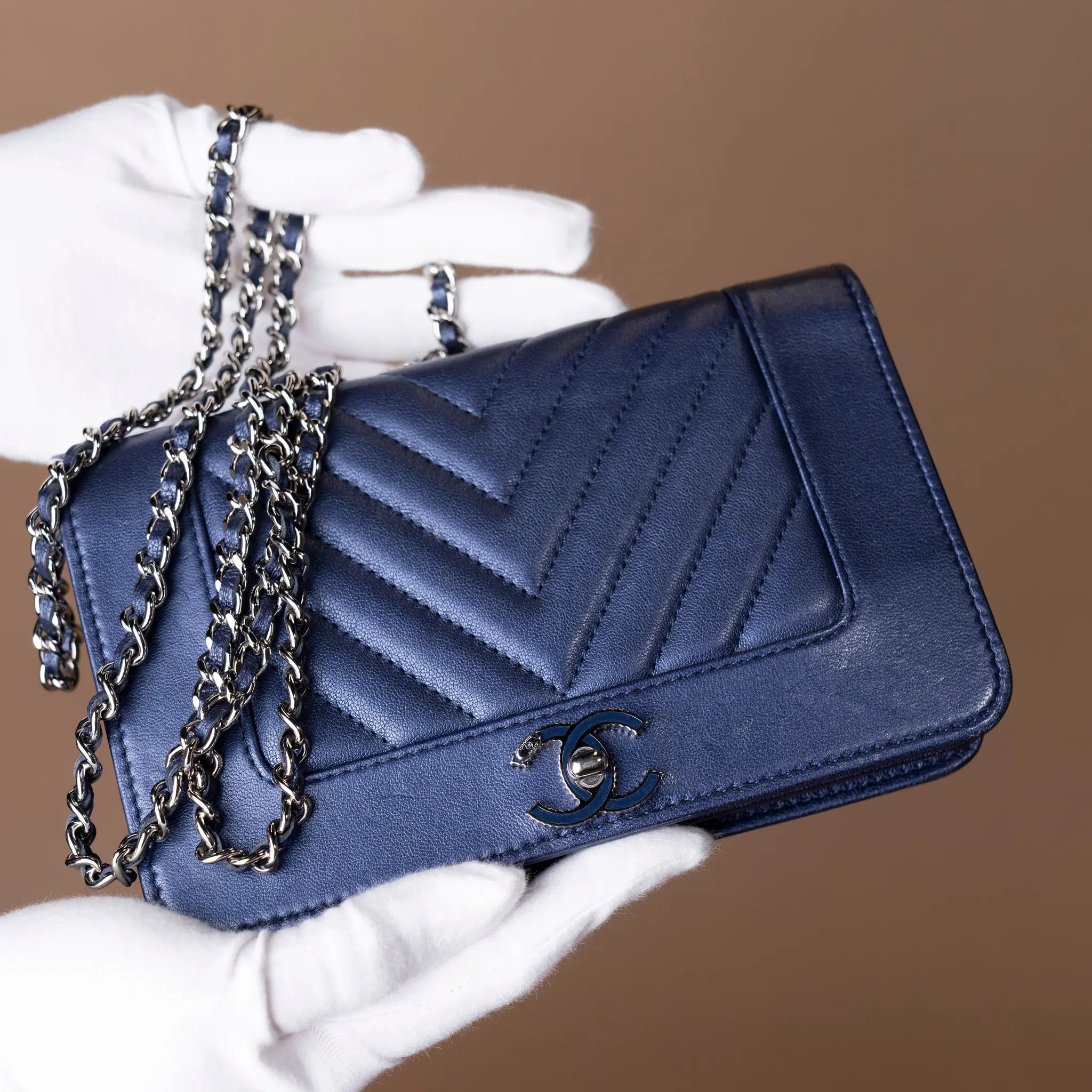 Chanel Chevron Sheepskin Mademoiselle Vintage Wallet On Chain — Front View