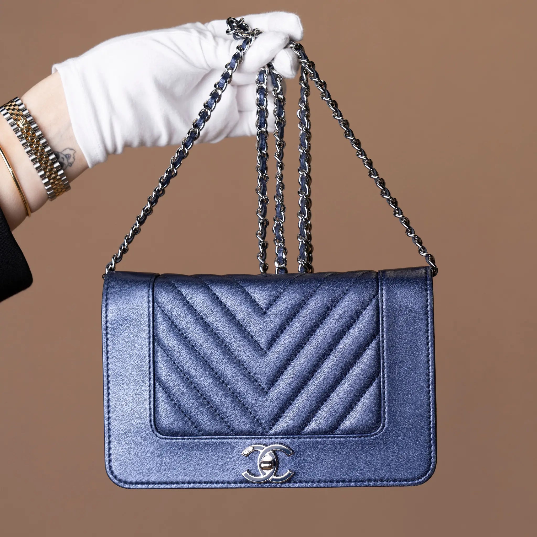 Chanel Chevron Sheepskin Mademoiselle Vintage Wallet On Chain — Back View