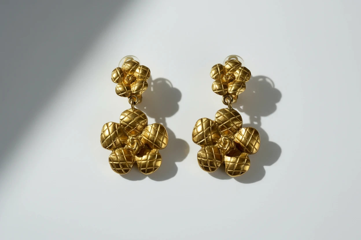 Chanel Gold Plated Quilted Camellia Drop Clip on Earrings