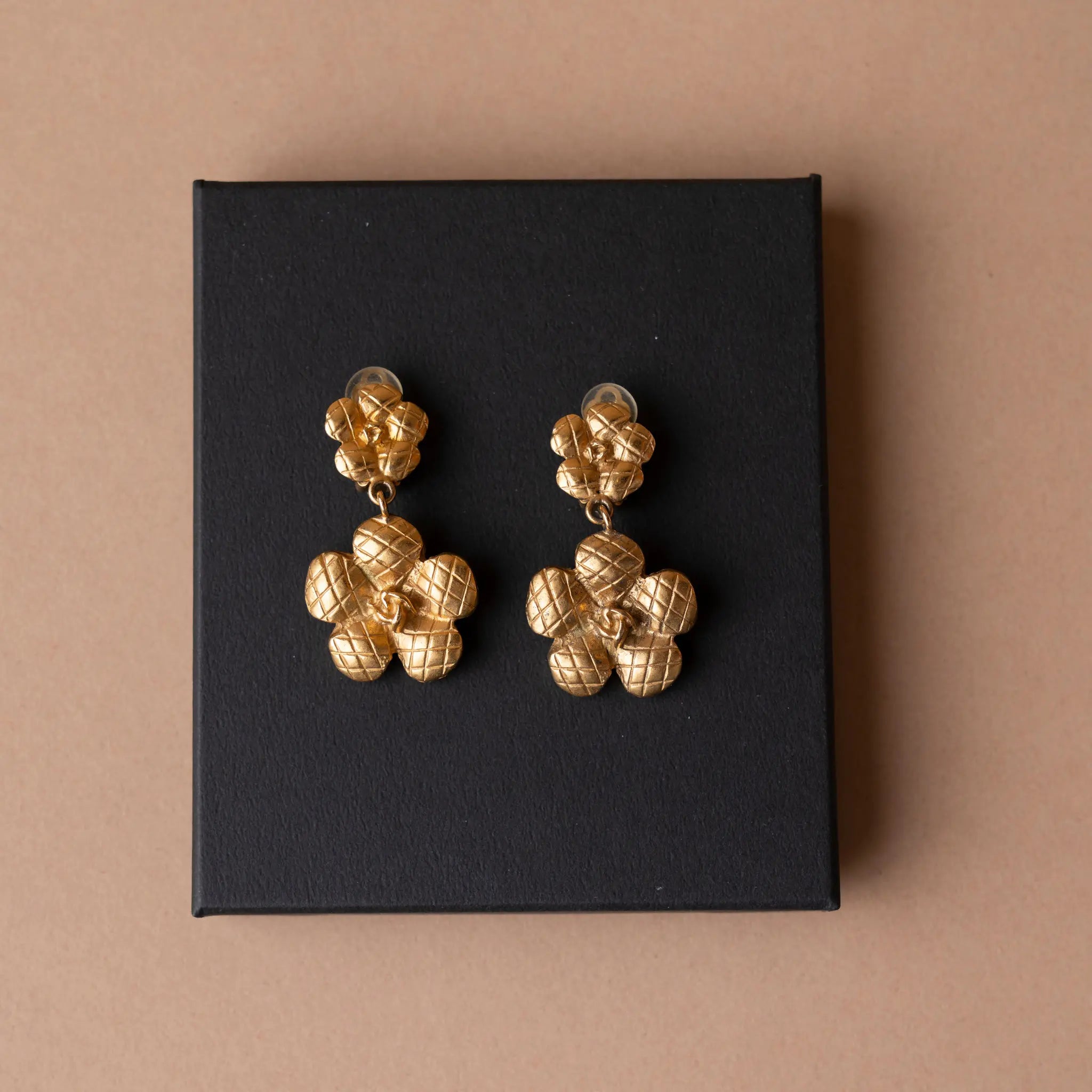 Chanel Gold Plated Quilted Camellia Drop Clip on Earrings