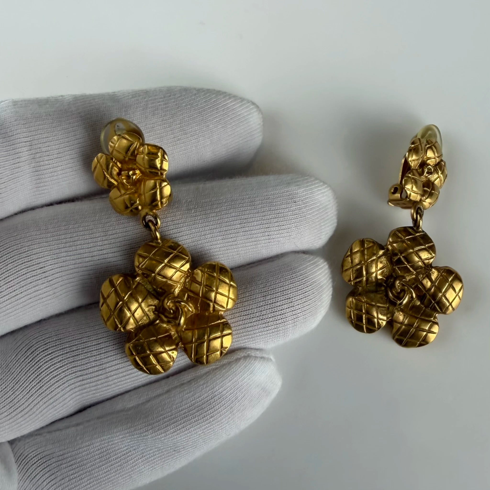 Chanel Gold Plated Quilted Camellia Drop Clip on Earrings