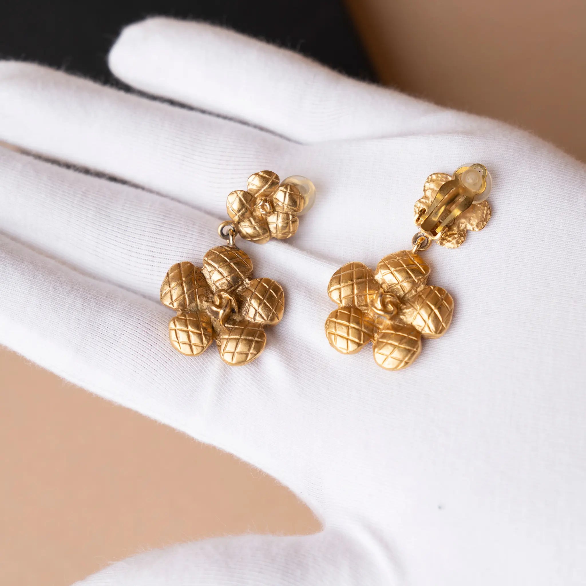 Chanel Gold Plated Quilted Camellia Drop Clip on Earrings