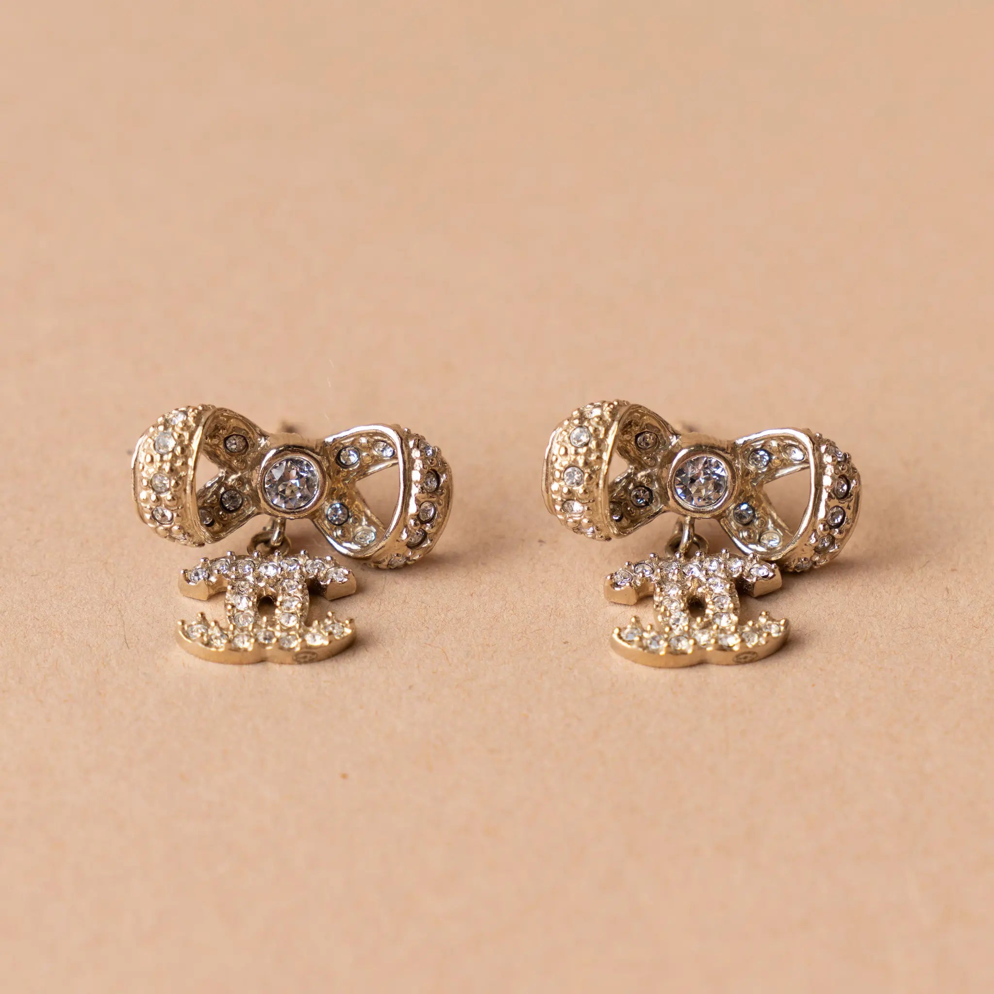 Chanel Gold Plated Rhinestones CC Bow Earings — Back View