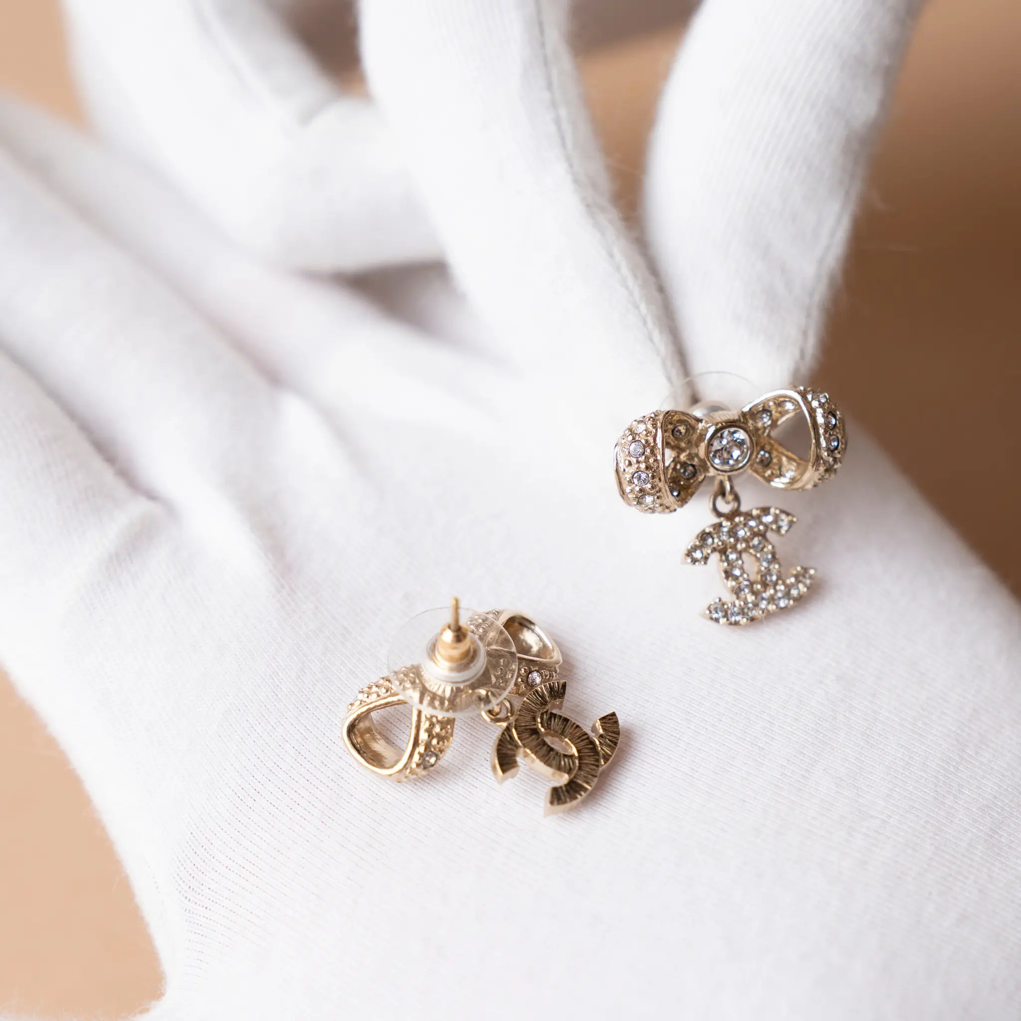 Chanel Gold Plated Rhinestones CC Bow Earings — Side Profile