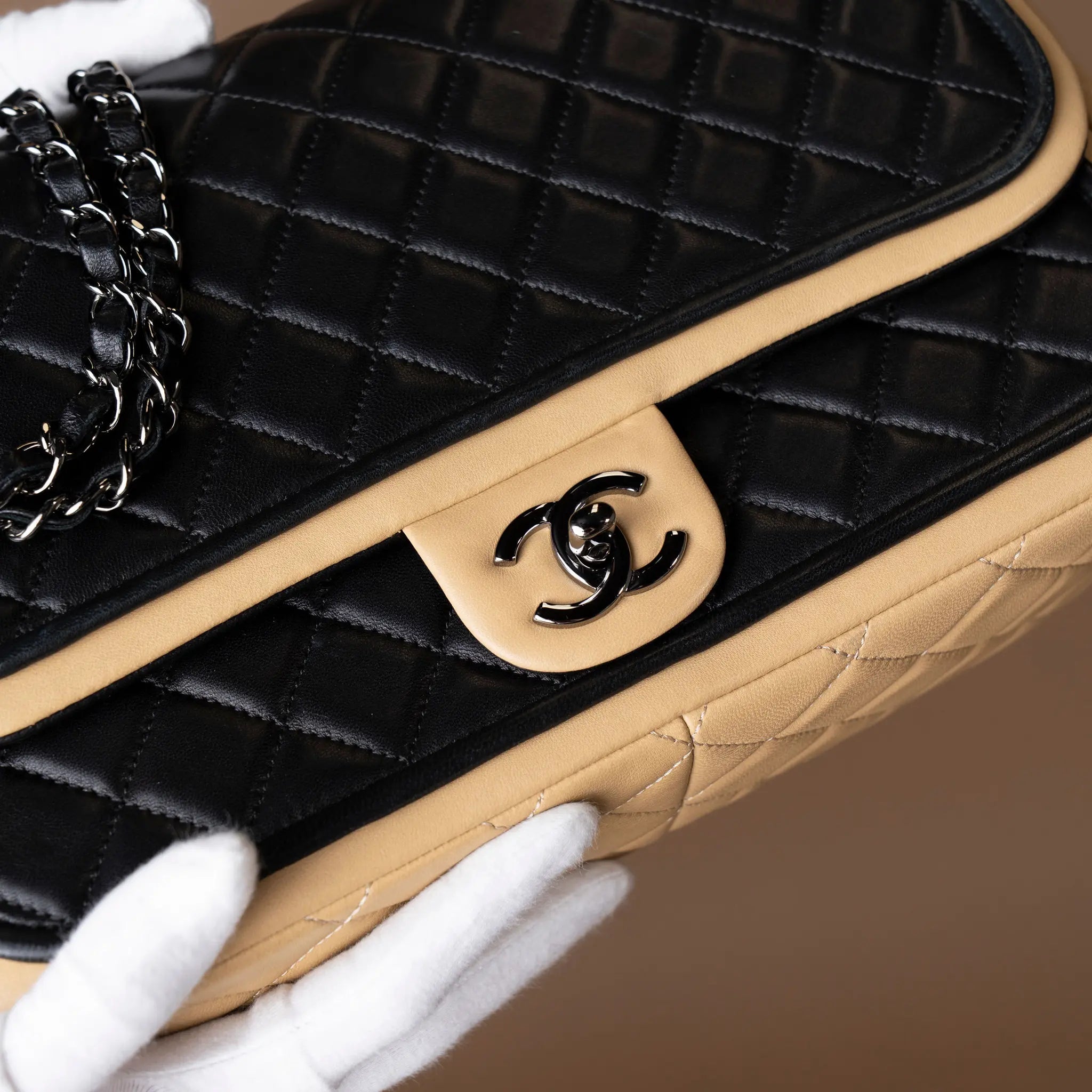 Chanel Jumbo Classic Bicolor Lambskin Twist Flap — Close-up Detail