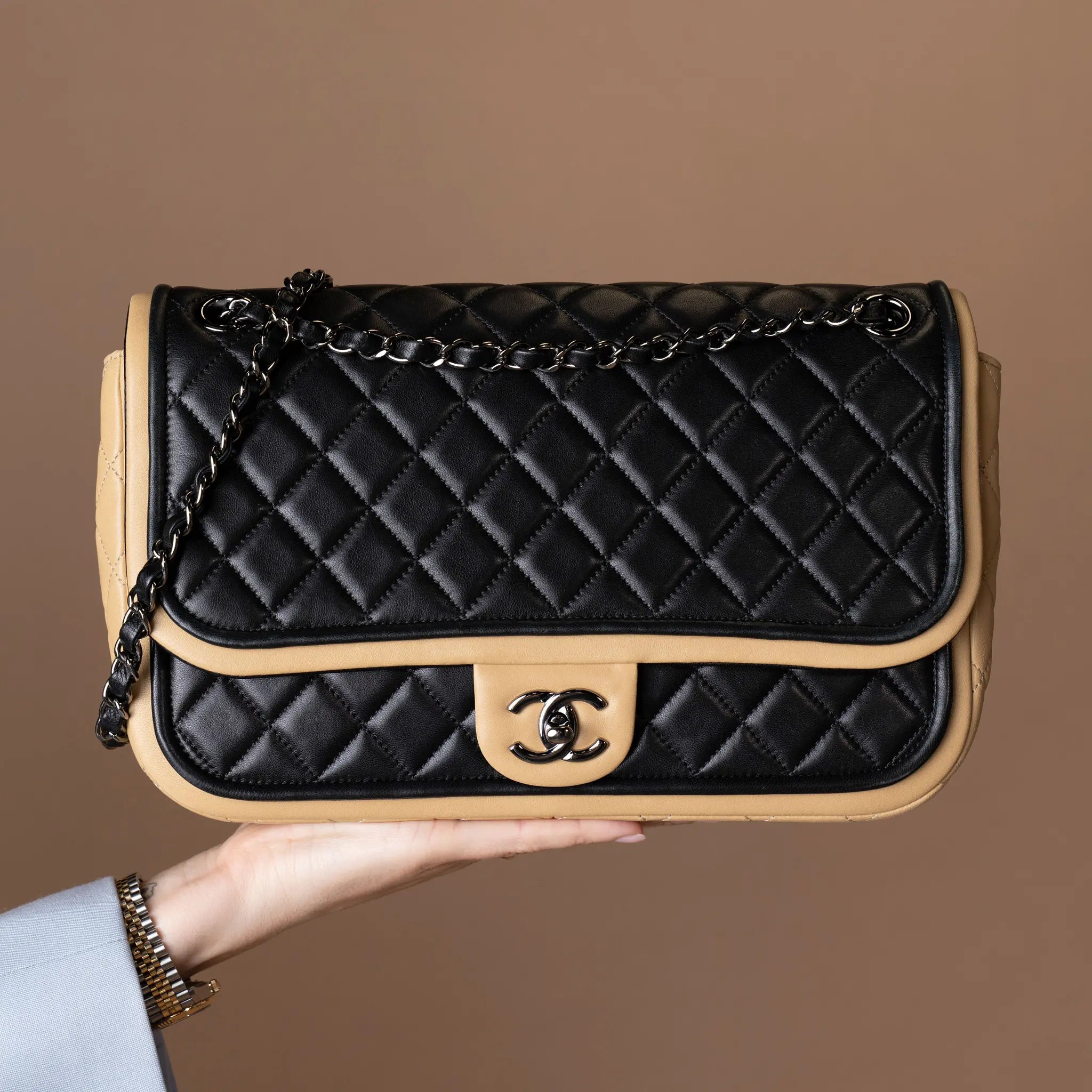 Chanel Jumbo Classic Bicolor Lambskin Twist Flap — Detail View