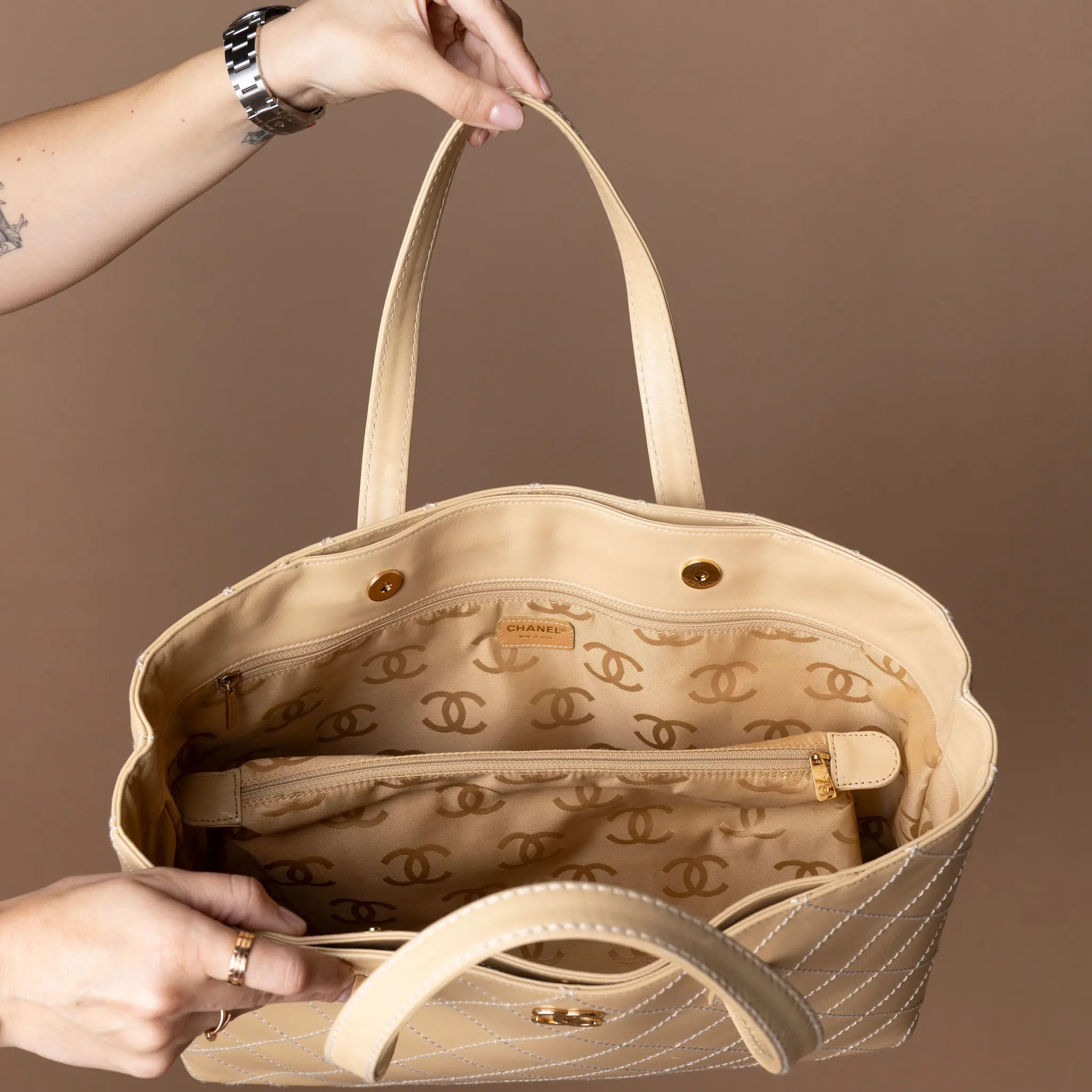 Chanel Large CC Calfskin Wild Stitch Tote — Interior Detail