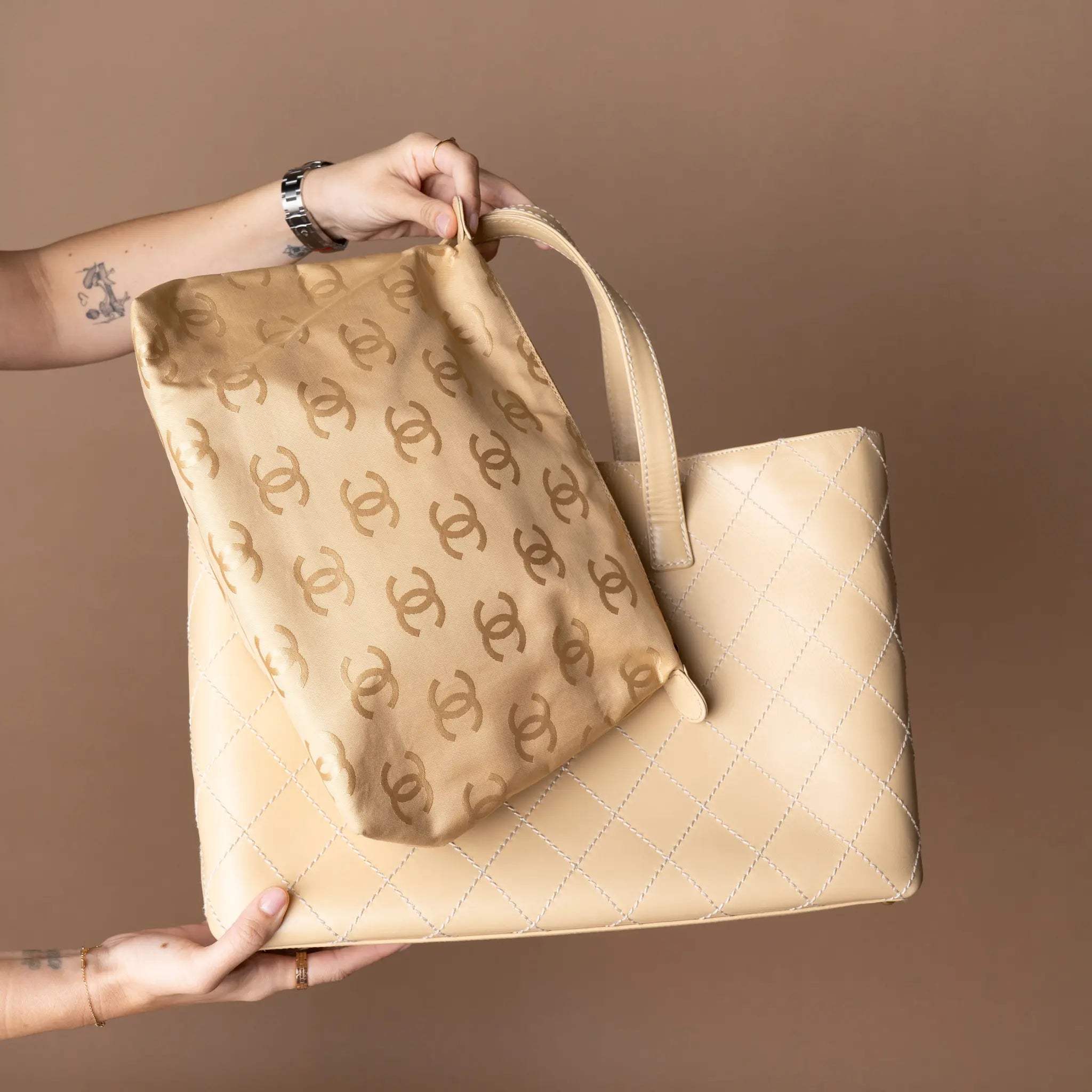 Chanel Large CC Calfskin Wild Stitch Tote — Close-up Detail