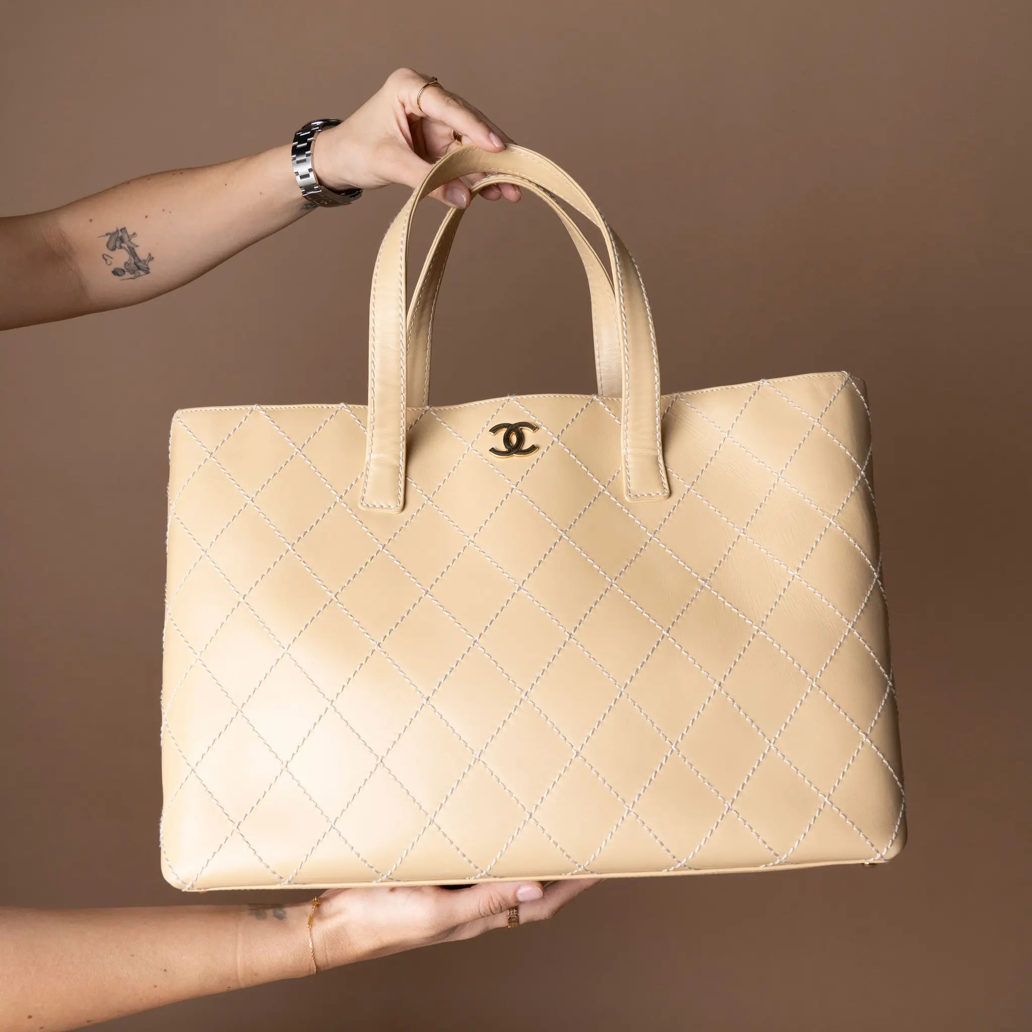 Chanel Large CC Calfskin Wild Stitch Tote — Detail View