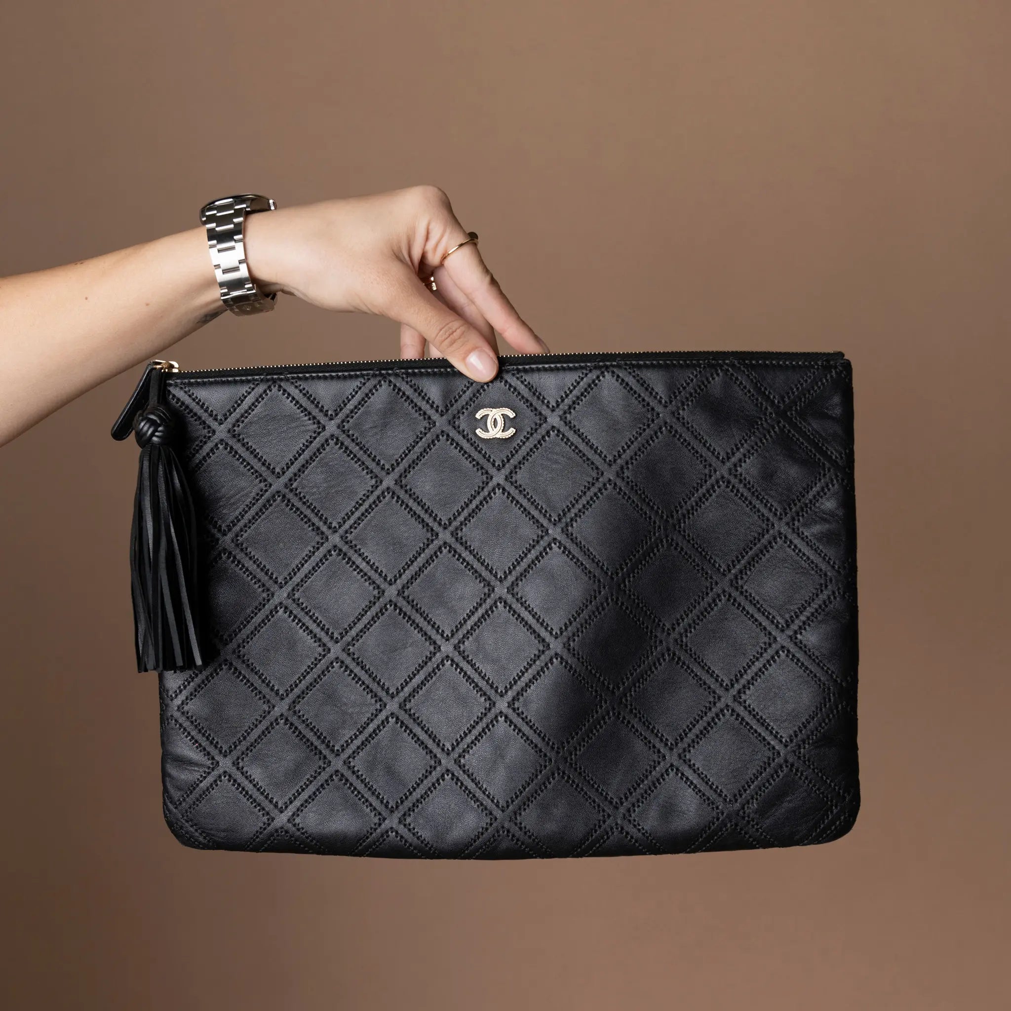 Chanel Large Quilted Lambskin Double Stitch Tassel O Case Clutch — Featured Image