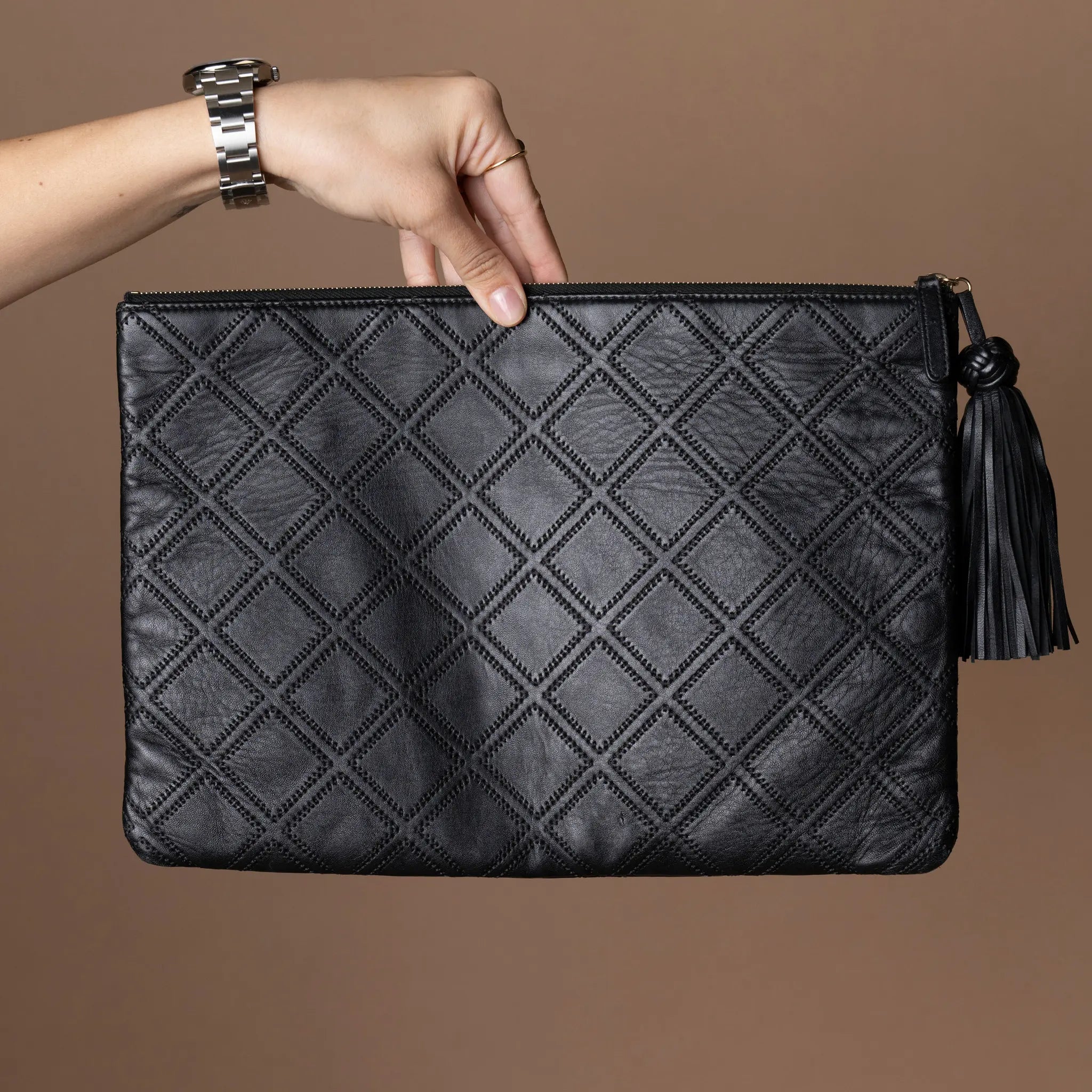 Chanel Large Quilted Lambskin Double Stitch Tassel O Case Clutch — Front View