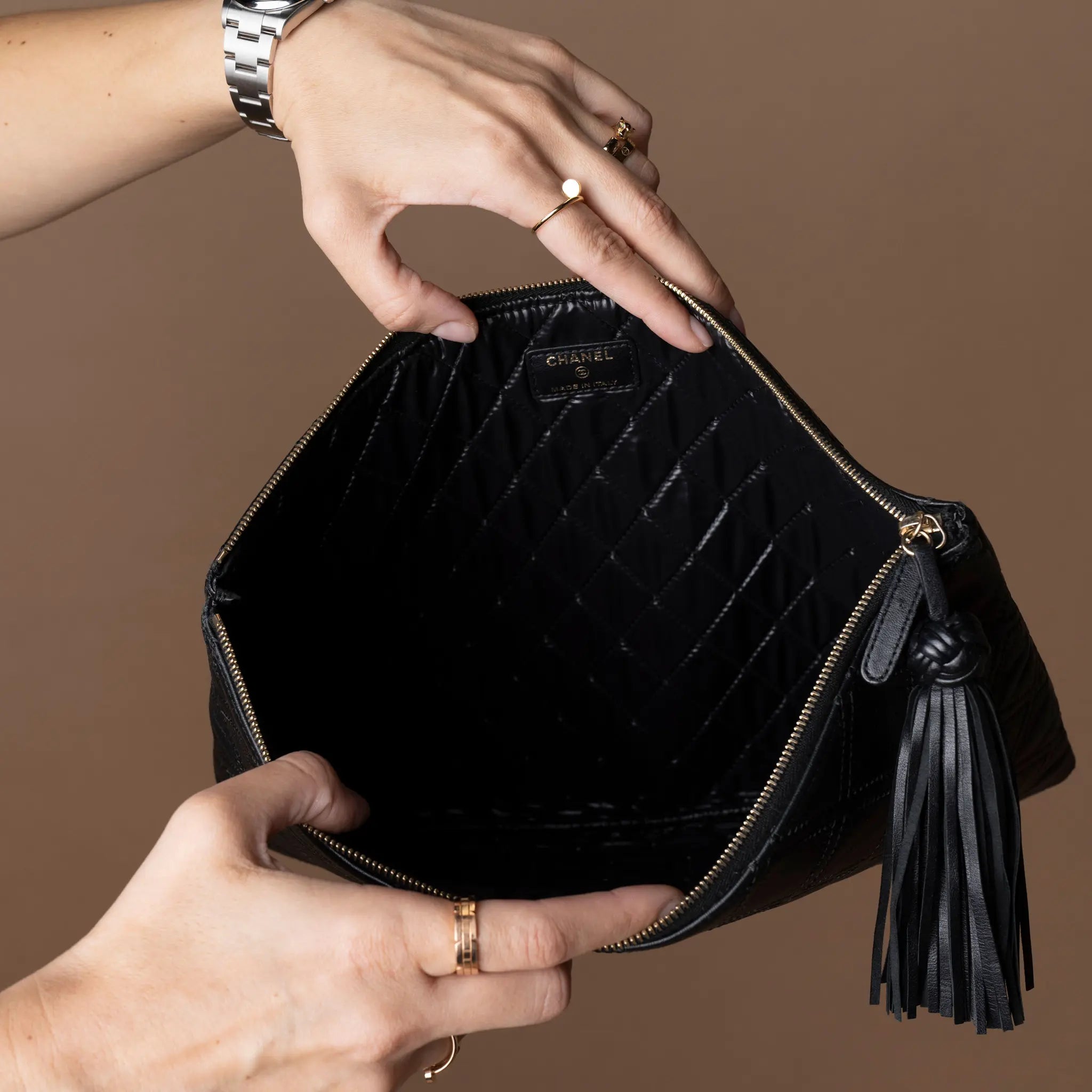 Chanel Large Quilted Lambskin Double Stitch Tassel O Case Clutch — Back View