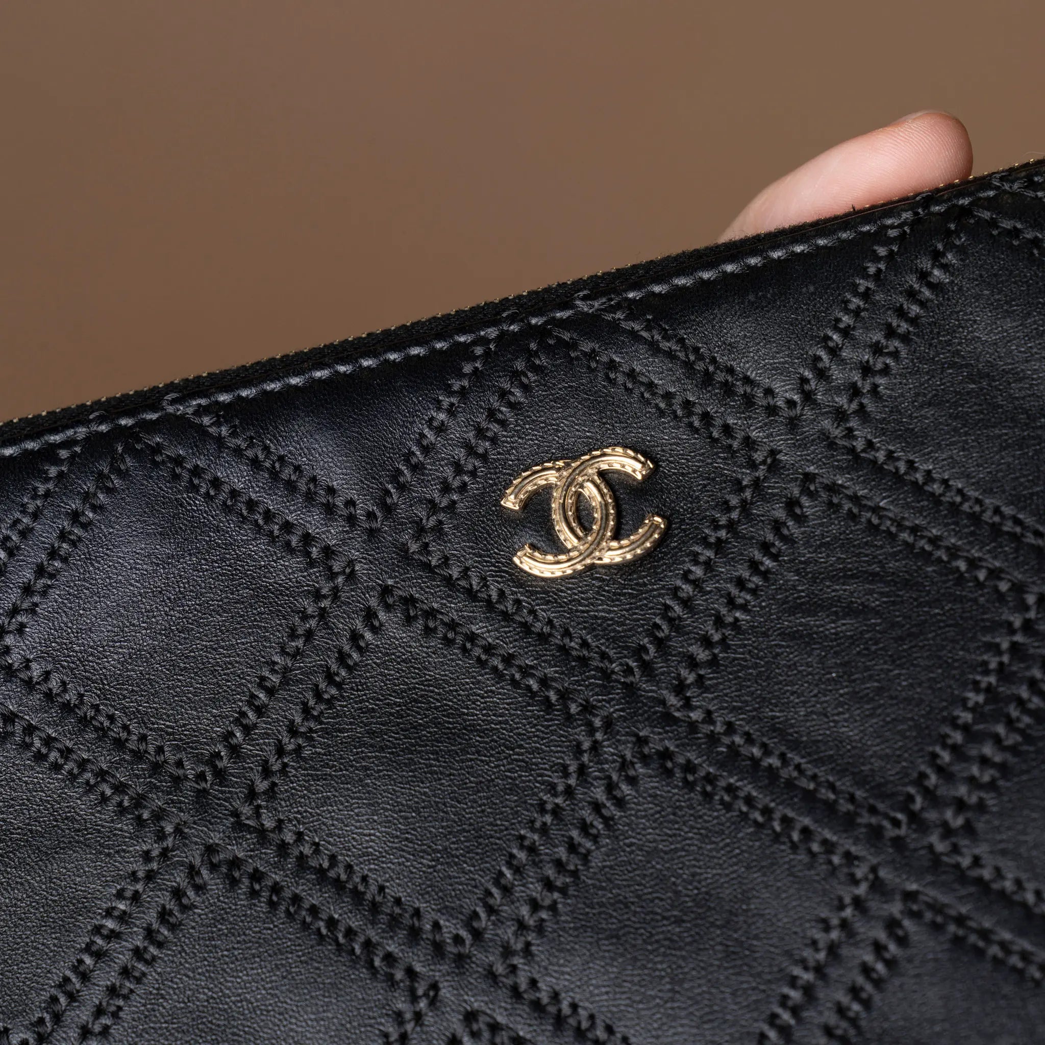 Chanel Large Quilted Lambskin Double Stitch Tassel O Case Clutch — Interior Detail