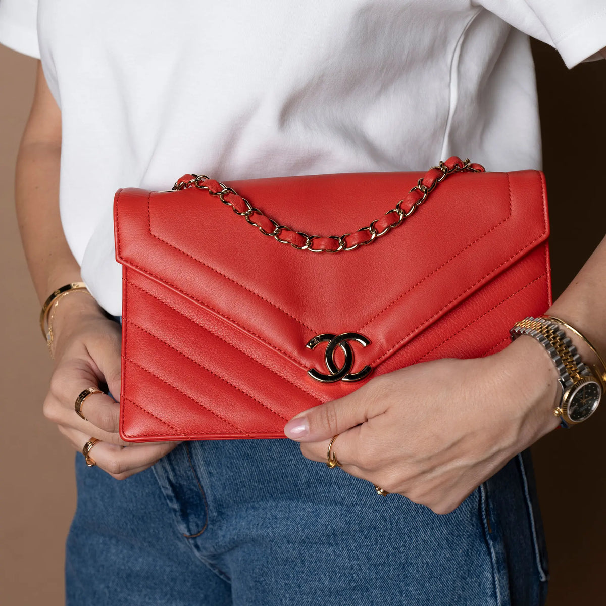 Chanel Medium CC Chevron Calfskin Envelope Flap — Side Profile