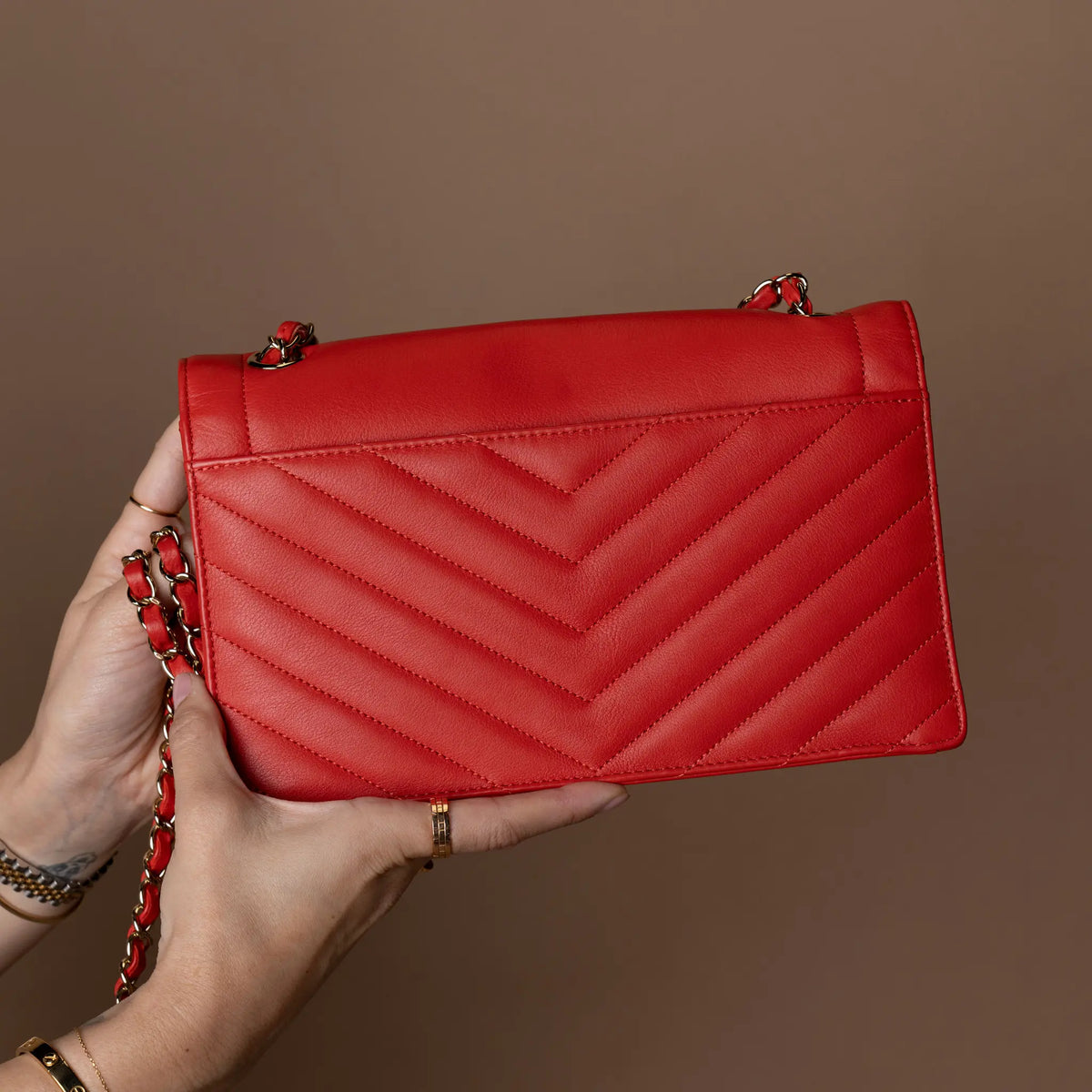 Chanel Medium CC Chevron Calfskin Envelope Flap — Close-up Detail