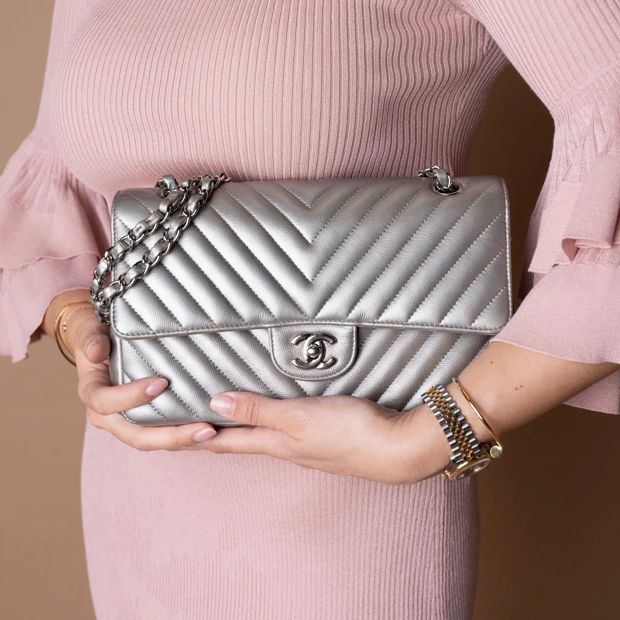 Chanel Medium Classic Chevron Caviar Double Flap — Front View