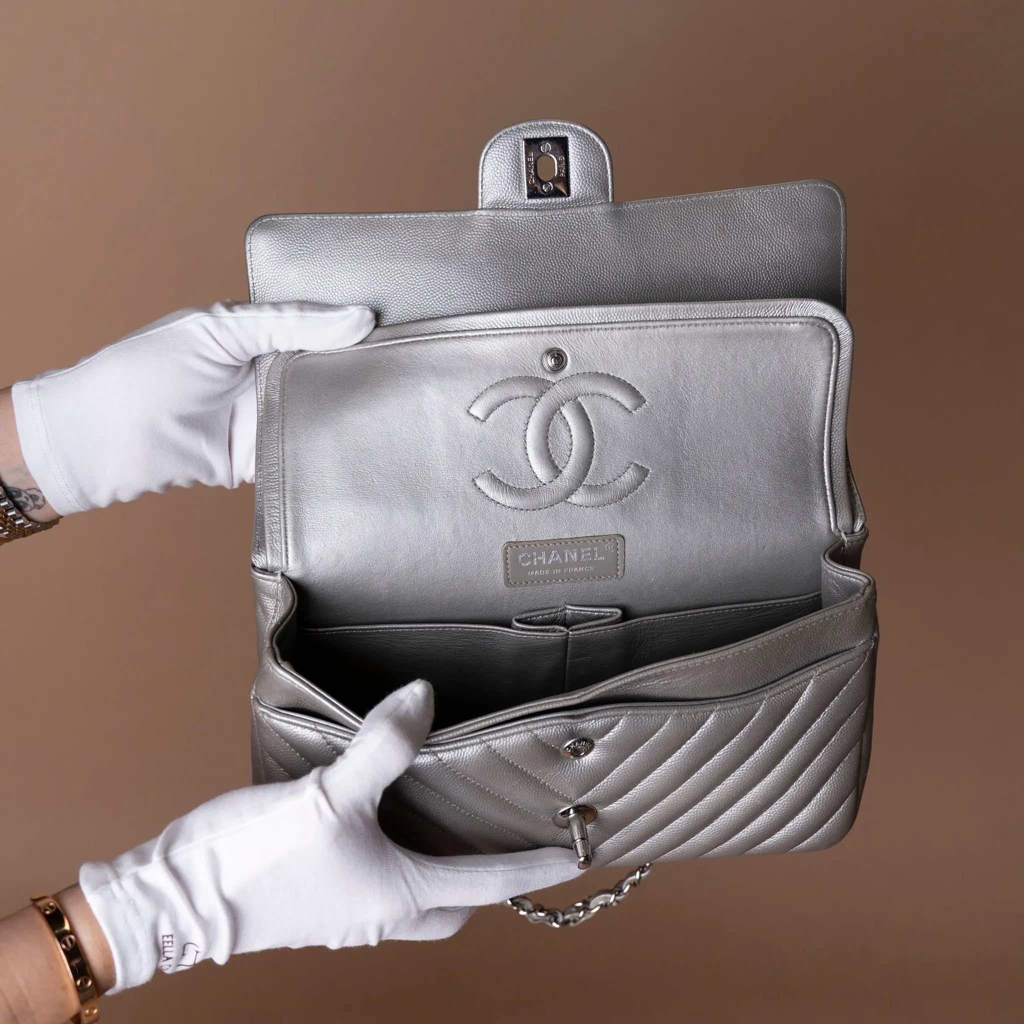 Chanel Medium Classic Chevron Caviar Double Flap — Interior Detail