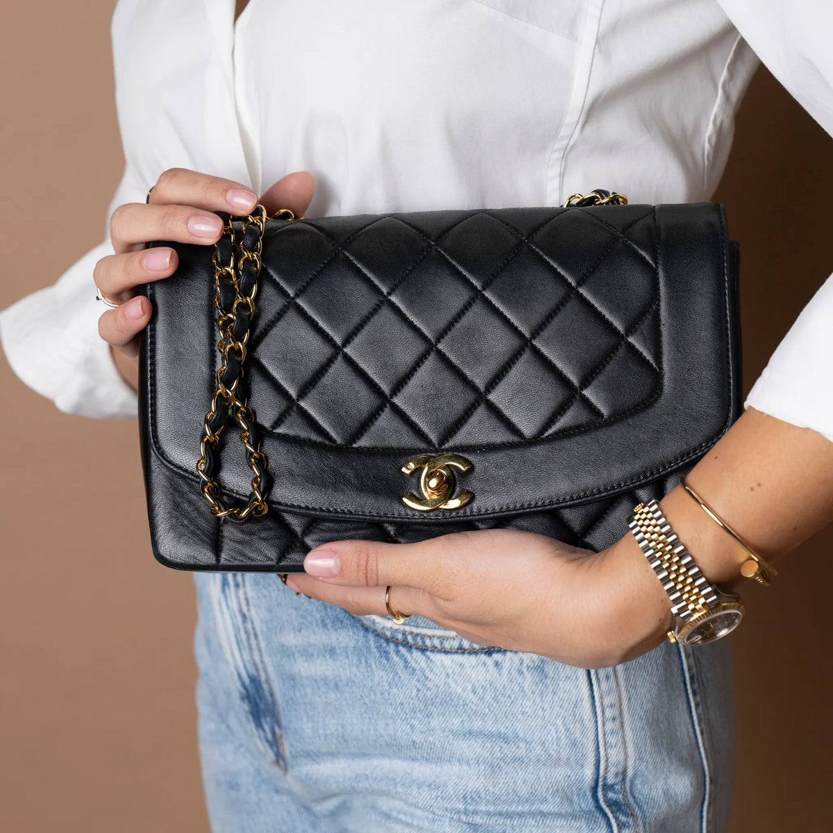 Chanel Medium Lambskin Diana Flap — Close-up Detail
