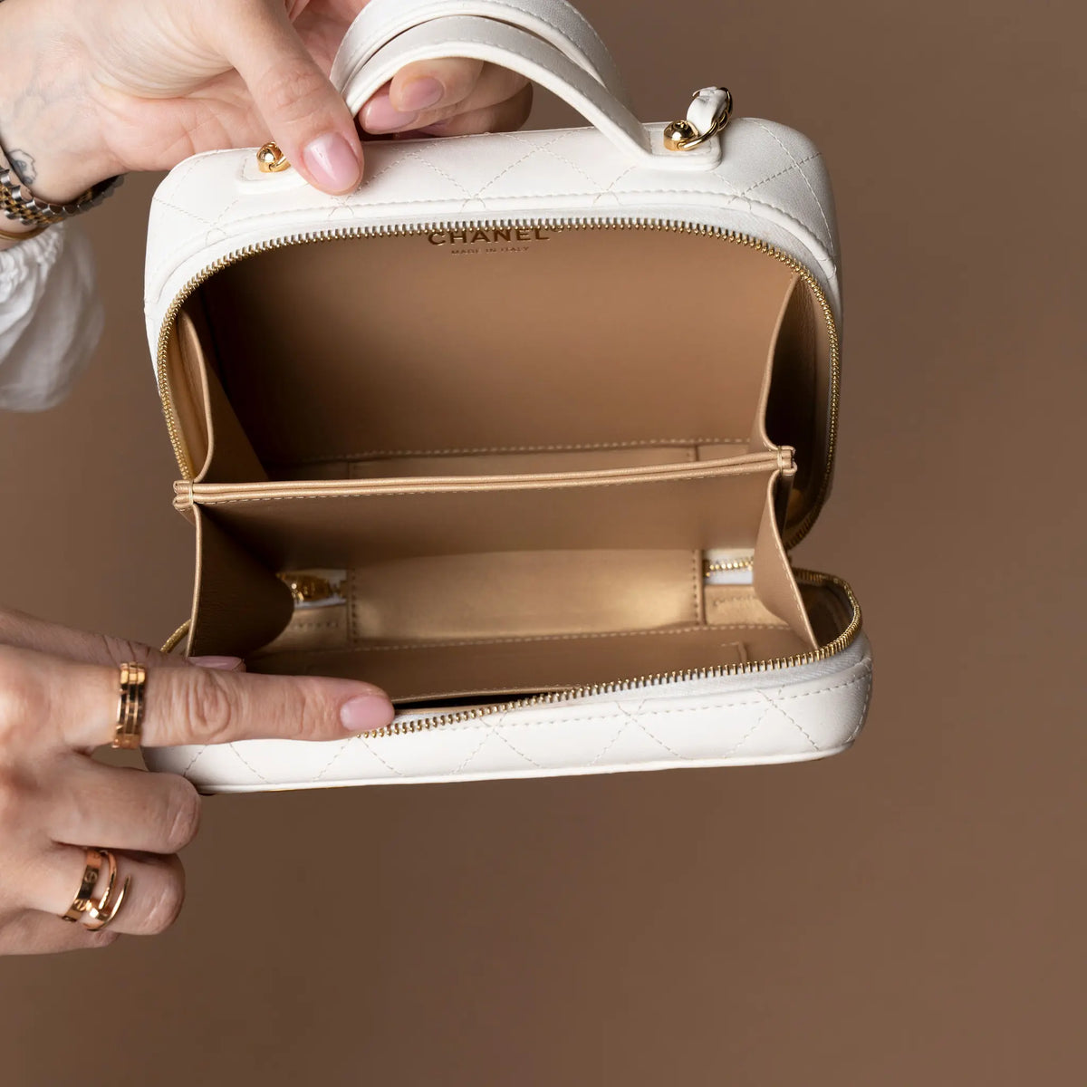Chanel Medium Lambskin Golden Plate Vanity Case — Interior Detail