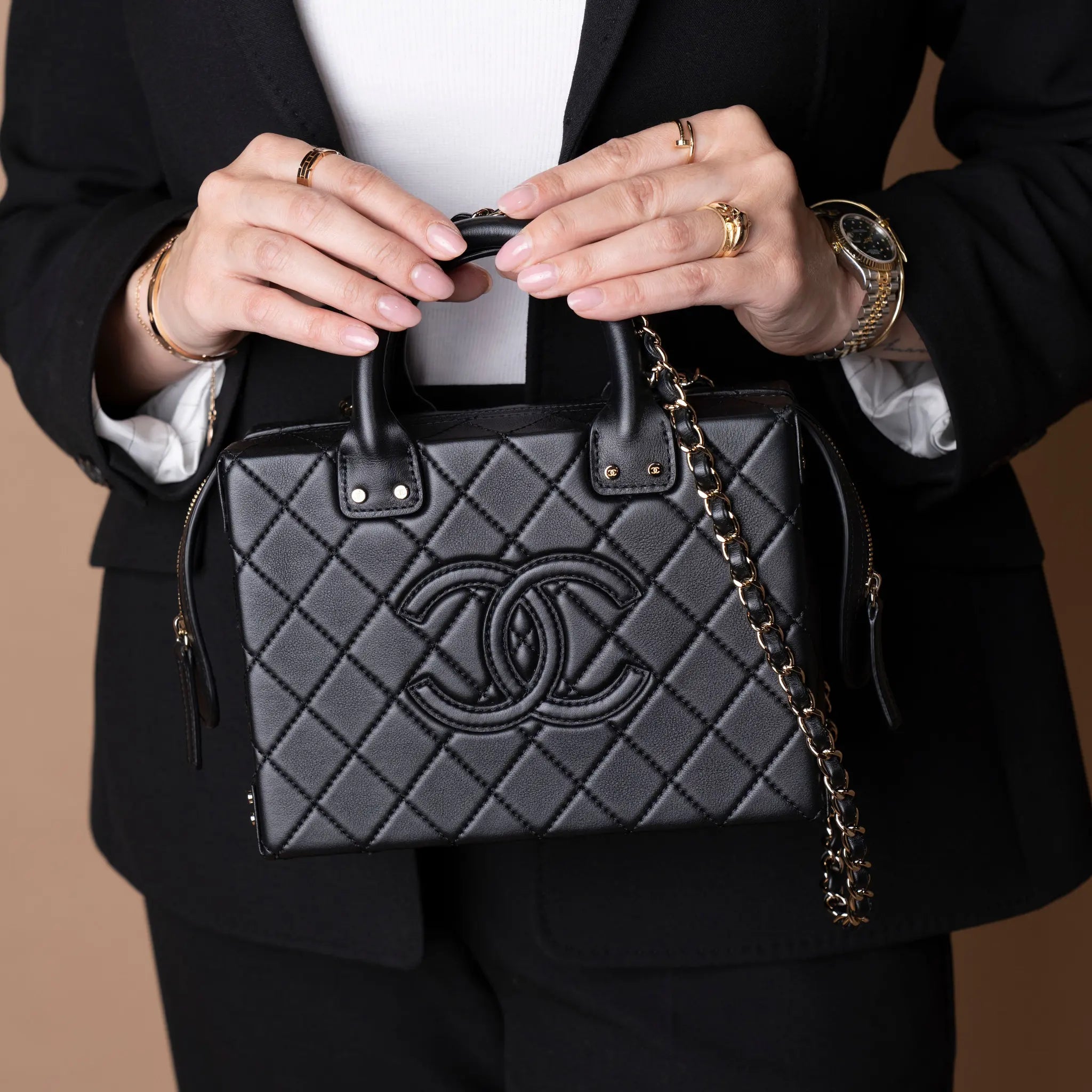 Chanel Medium Quilted Calfskin Studded Square Vanity Case