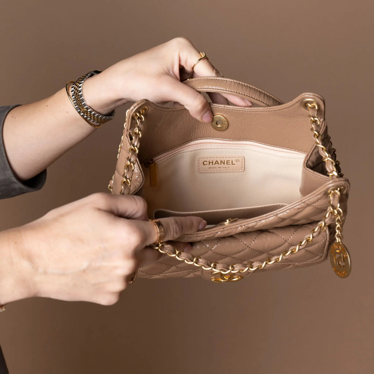 Chanel Medium Shiny Crumpled Calfskin Wavy CC Hobo — Front View