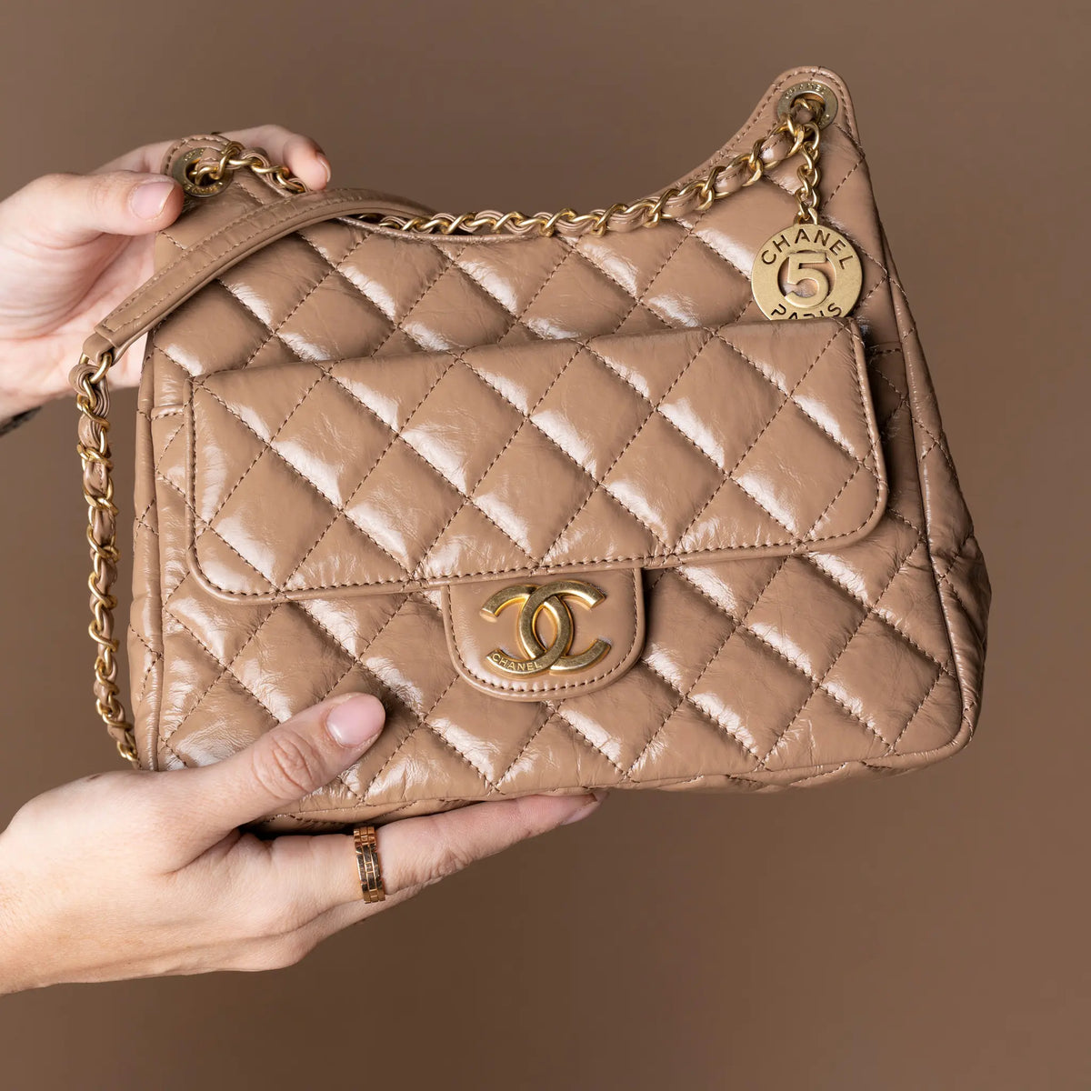 Chanel Medium Shiny Crumpled Calfskin Wavy CC Hobo — Back View