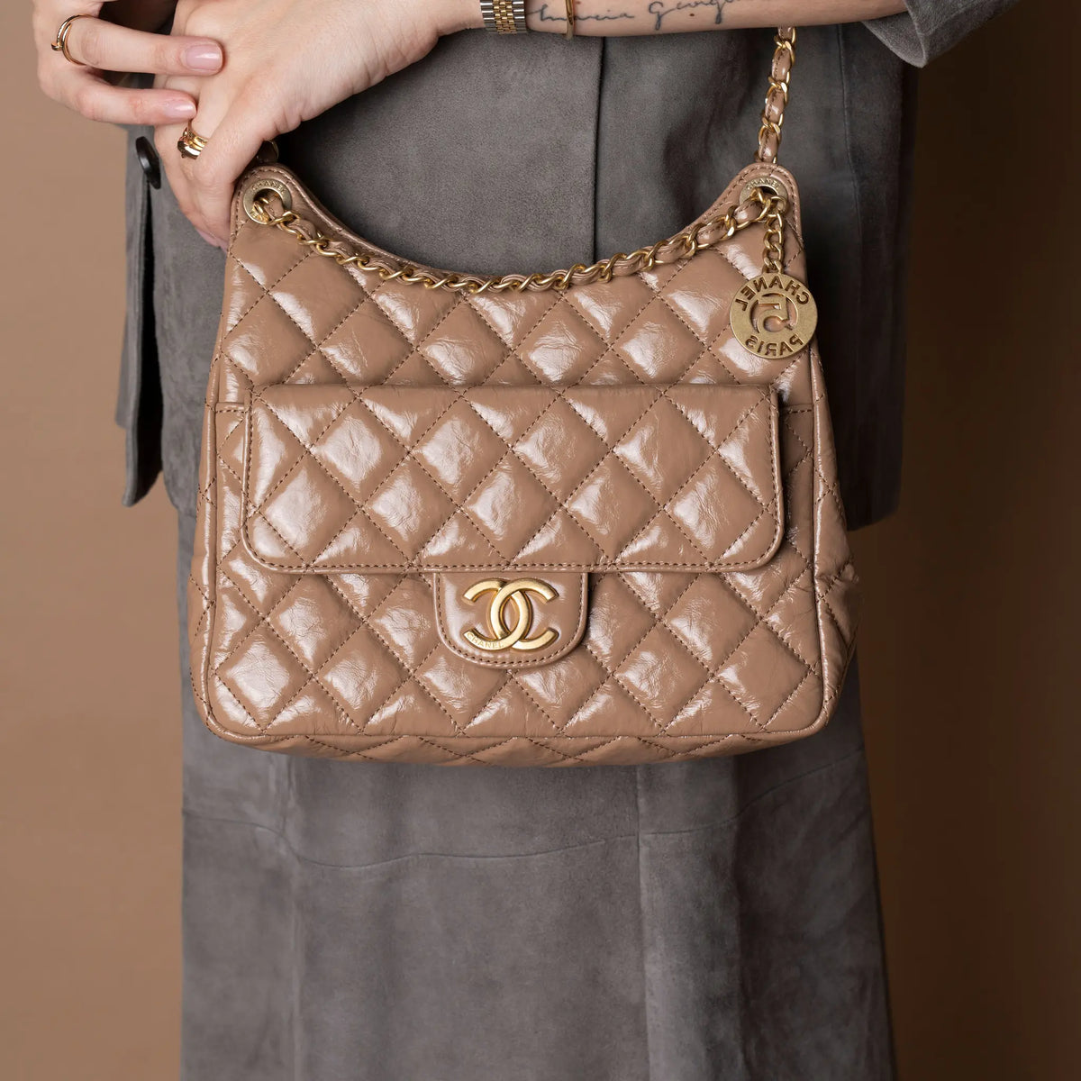 Chanel Medium Shiny Crumpled Calfskin Wavy CC Hobo — Close-up Detail