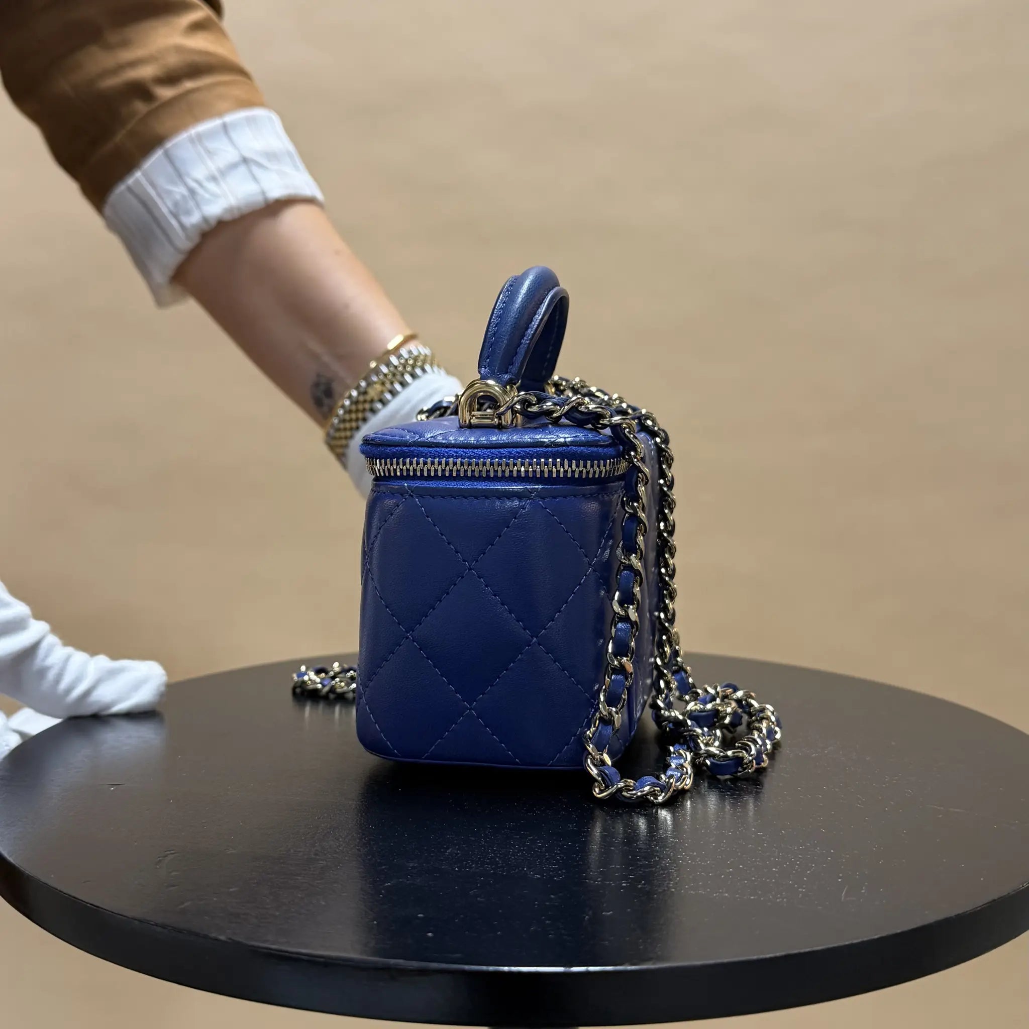 Chanel Mini CC Quilted Lambskin Top Handle Vanity Case With Chain — Side Profile