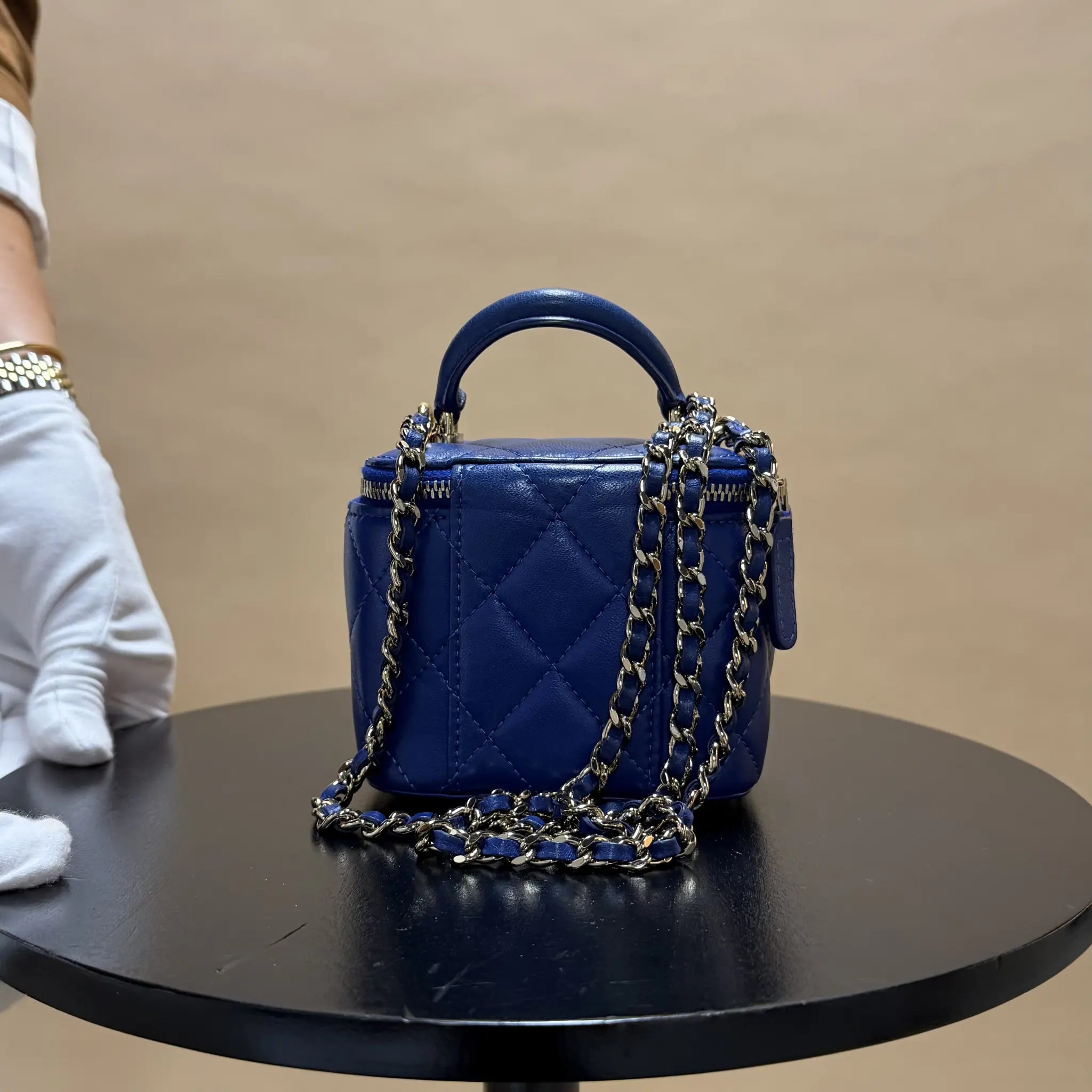 Chanel Mini CC Quilted Lambskin Top Handle Vanity Case With Chain — Close-up Detail
