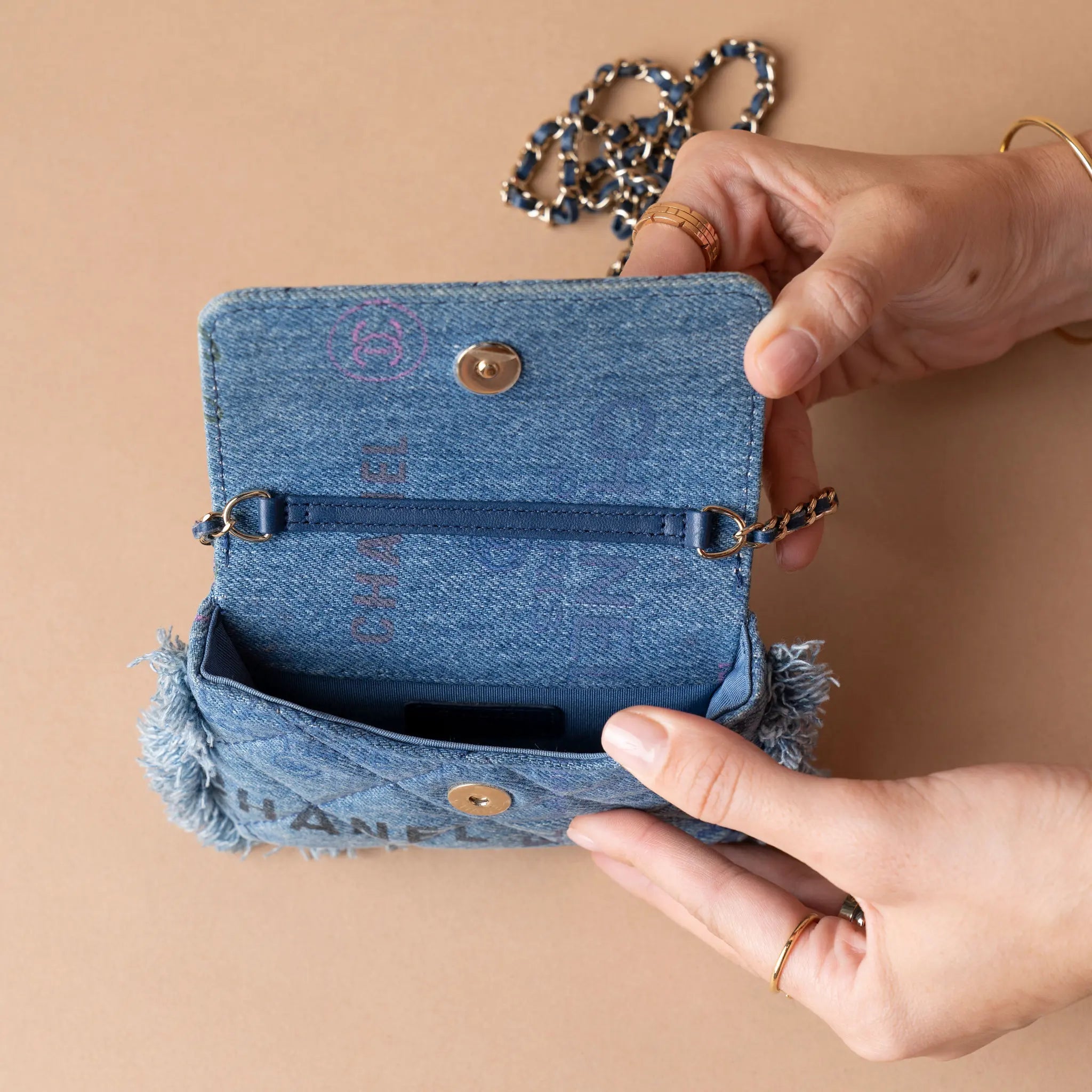 Chanel Mini Denim Mood Clutch with Chain — Front View