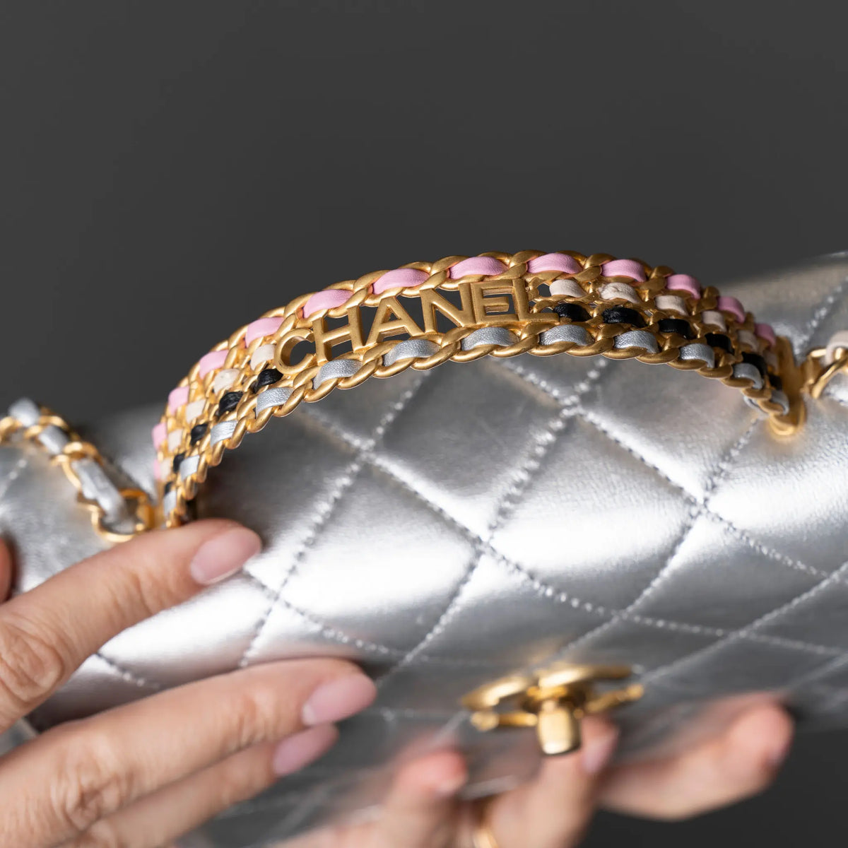 Chanel Mini Metallic Lambskin Top Handle Flap — Front View