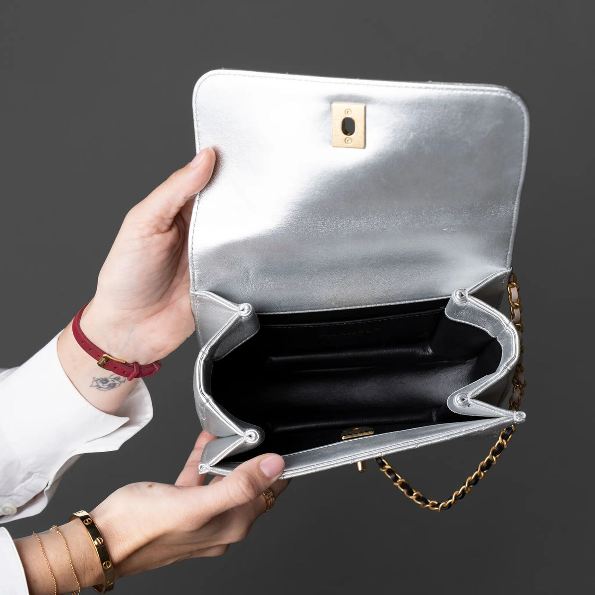 Chanel Mini Metallic Lambskin Top Handle Flap — Back View