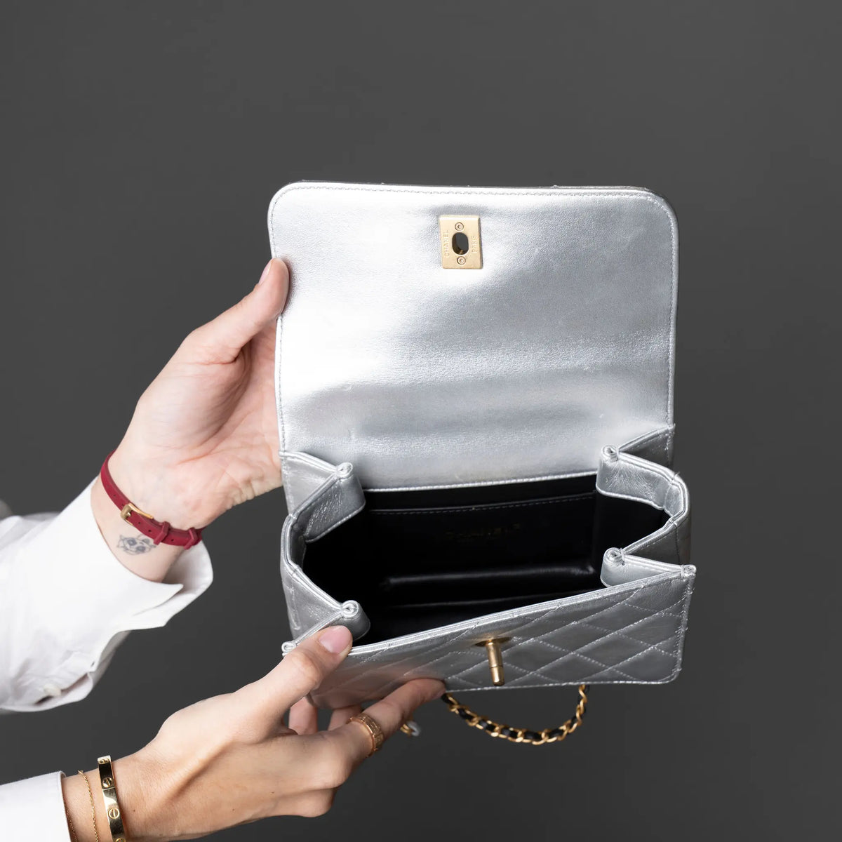 Chanel Mini Metallic Lambskin Top Handle Flap — Side Profile