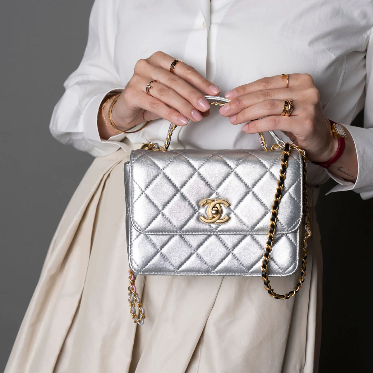 Chanel Mini Metallic Lambskin Top Handle Flap — Interior Detail