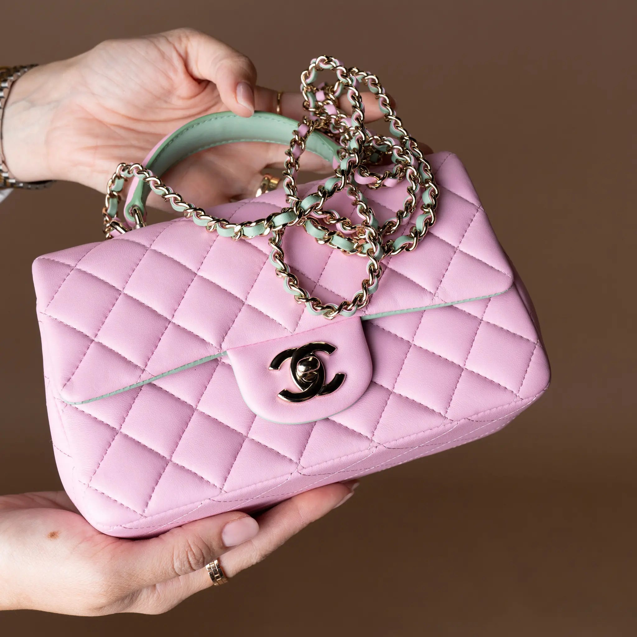 Chanel Mini Rectangular Bicolor Lambskin Top Handle Single Flap — Back View