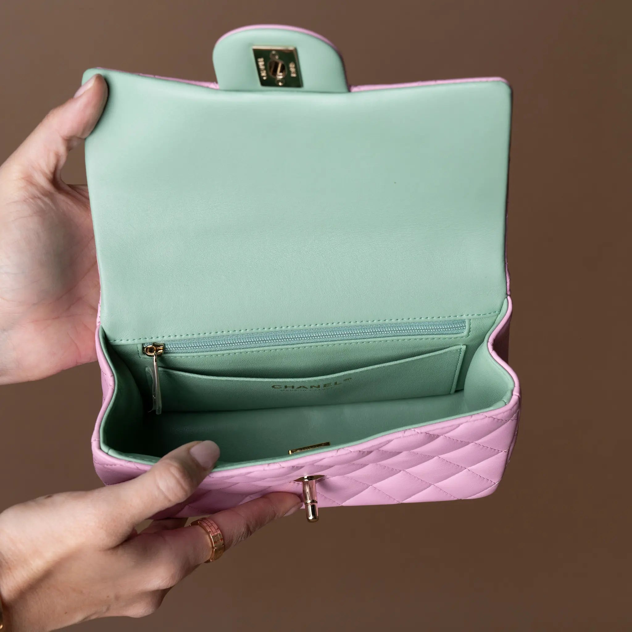 Chanel Mini Rectangular Bicolor Lambskin Top Handle Single Flap — Interior Detail