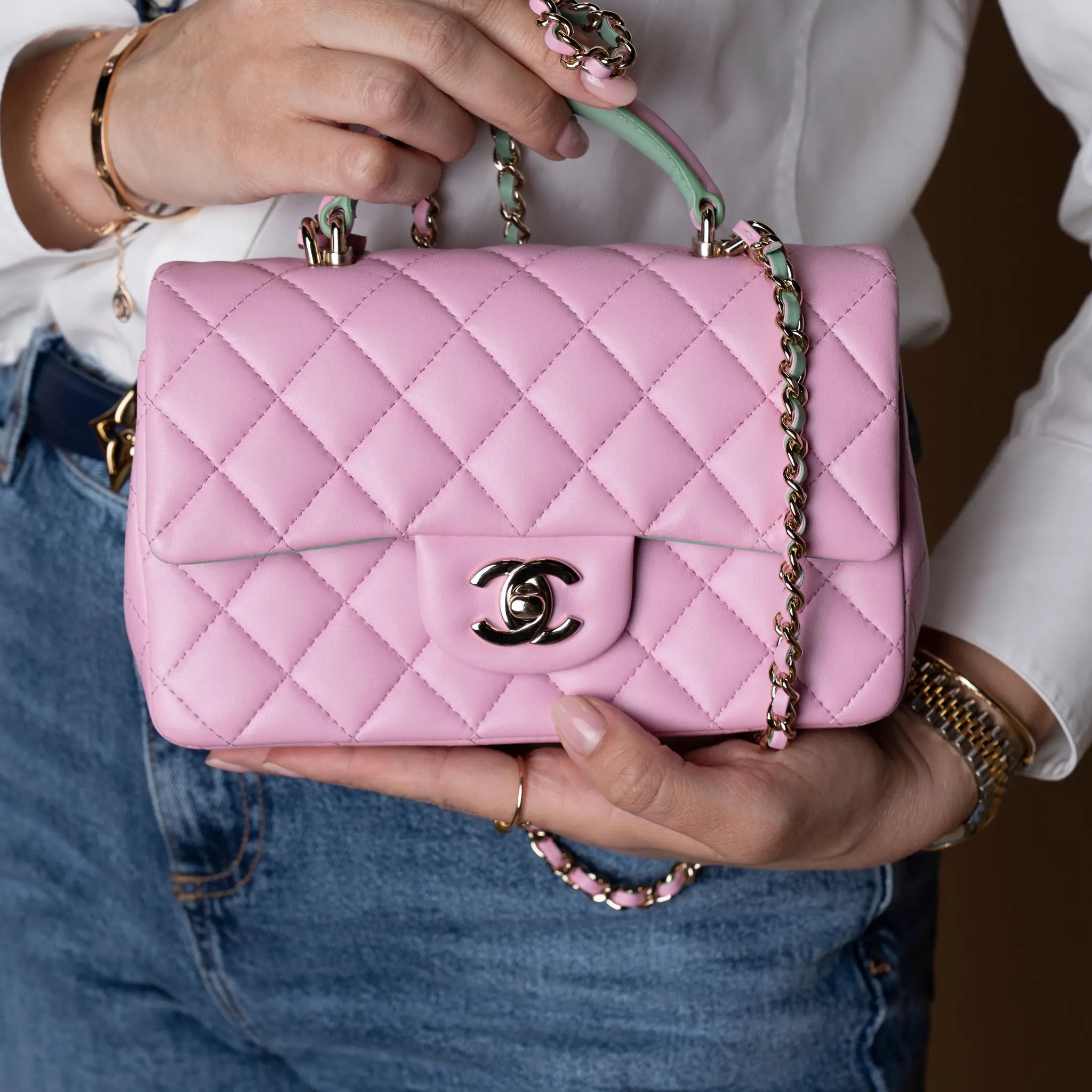 Chanel Mini Rectangular Bicolor Lambskin Top Handle Single Flap — Close-up Detail