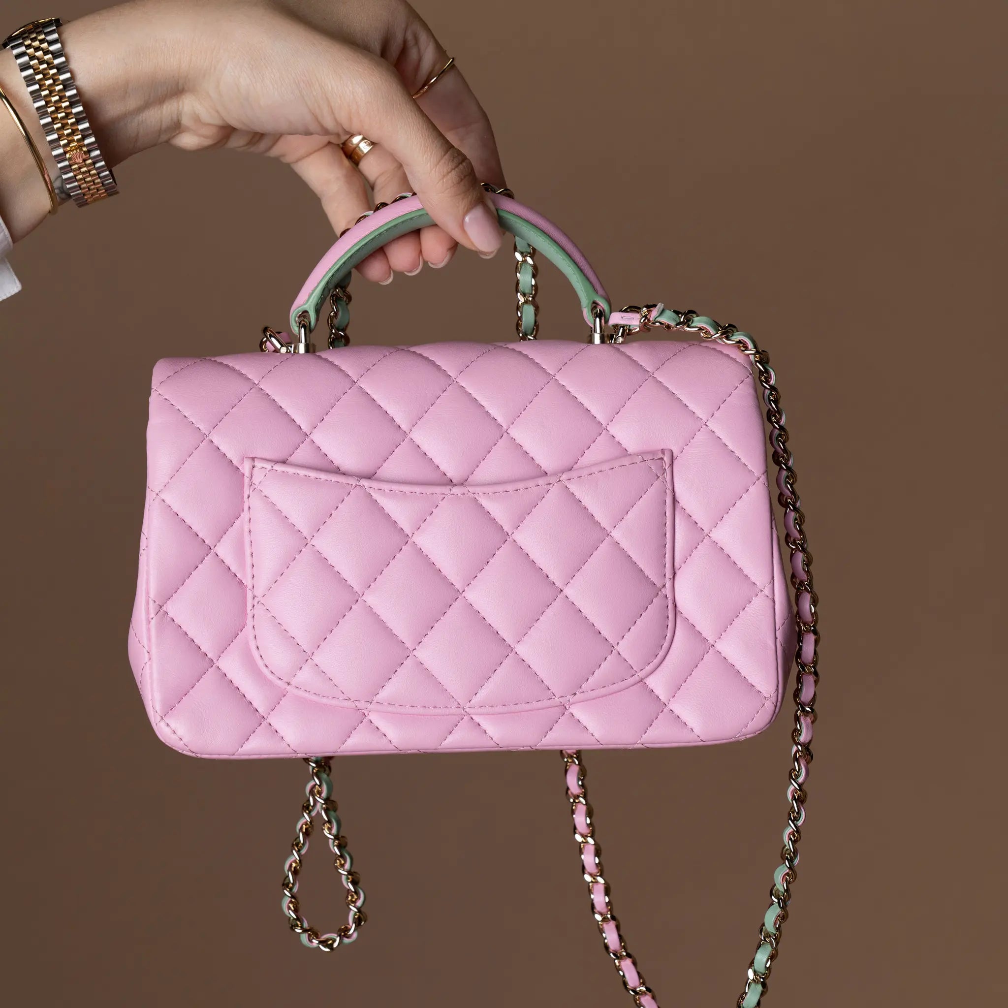 Chanel Mini Rectangular Bicolor Lambskin Top Handle Single Flap — Detail View