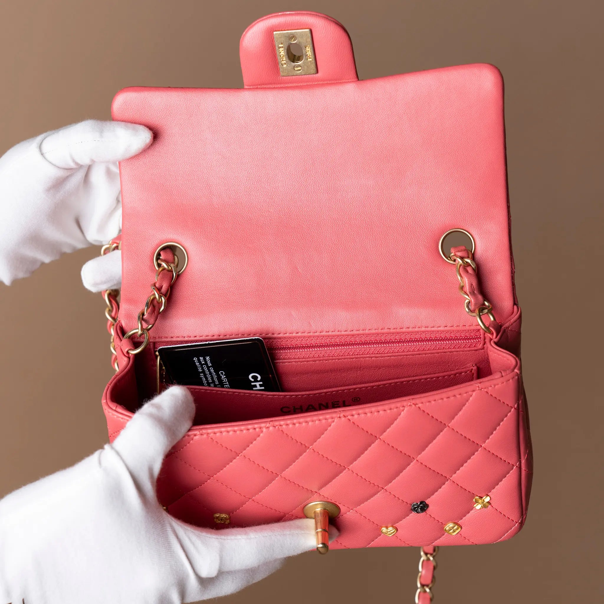 Chanel Mini Rectangular Classic Lambskin Lucky Charms Single Flap — Detail View
