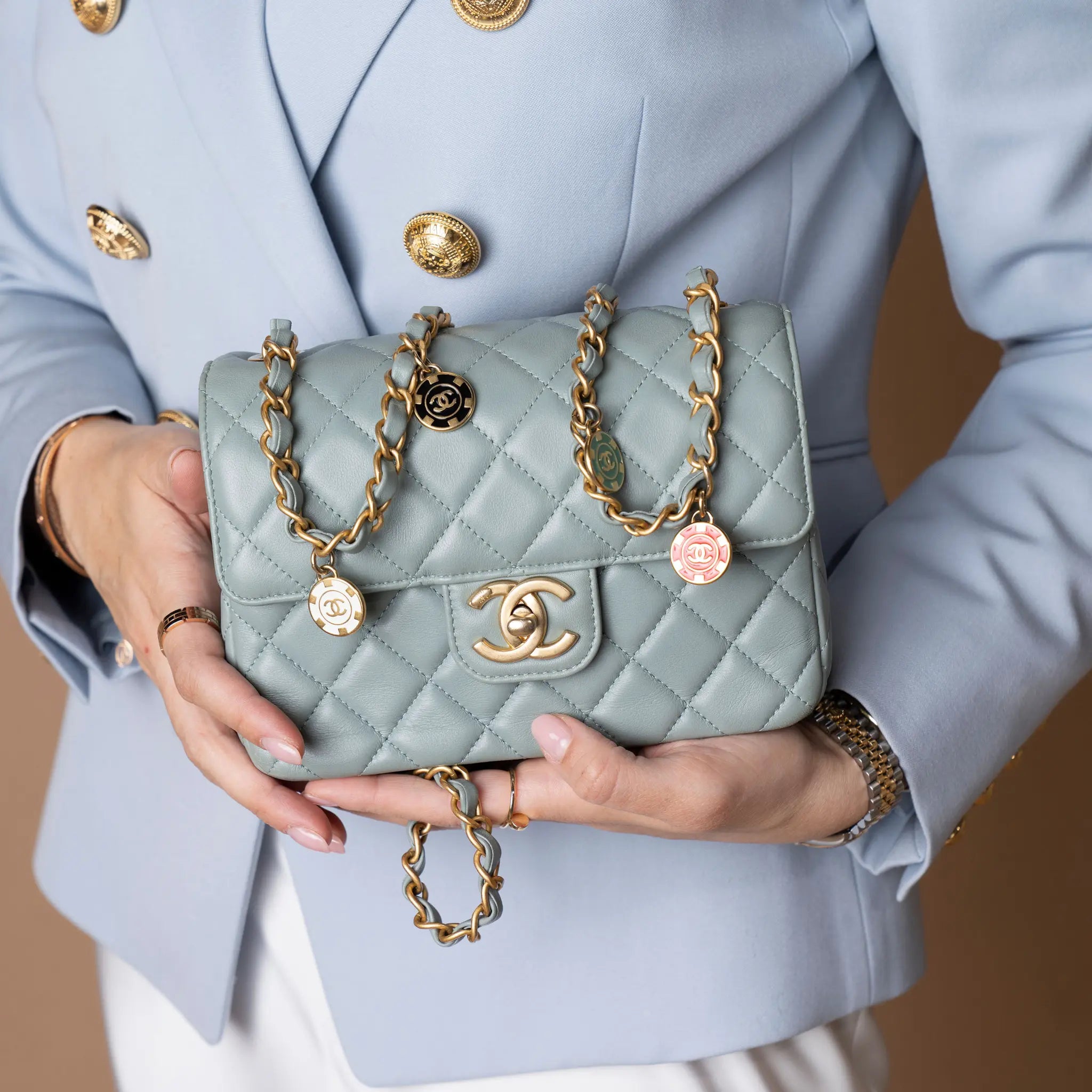 Chanel Mini Square Classic Lambskin Casino Royale Charms Single Flap — Side Profile