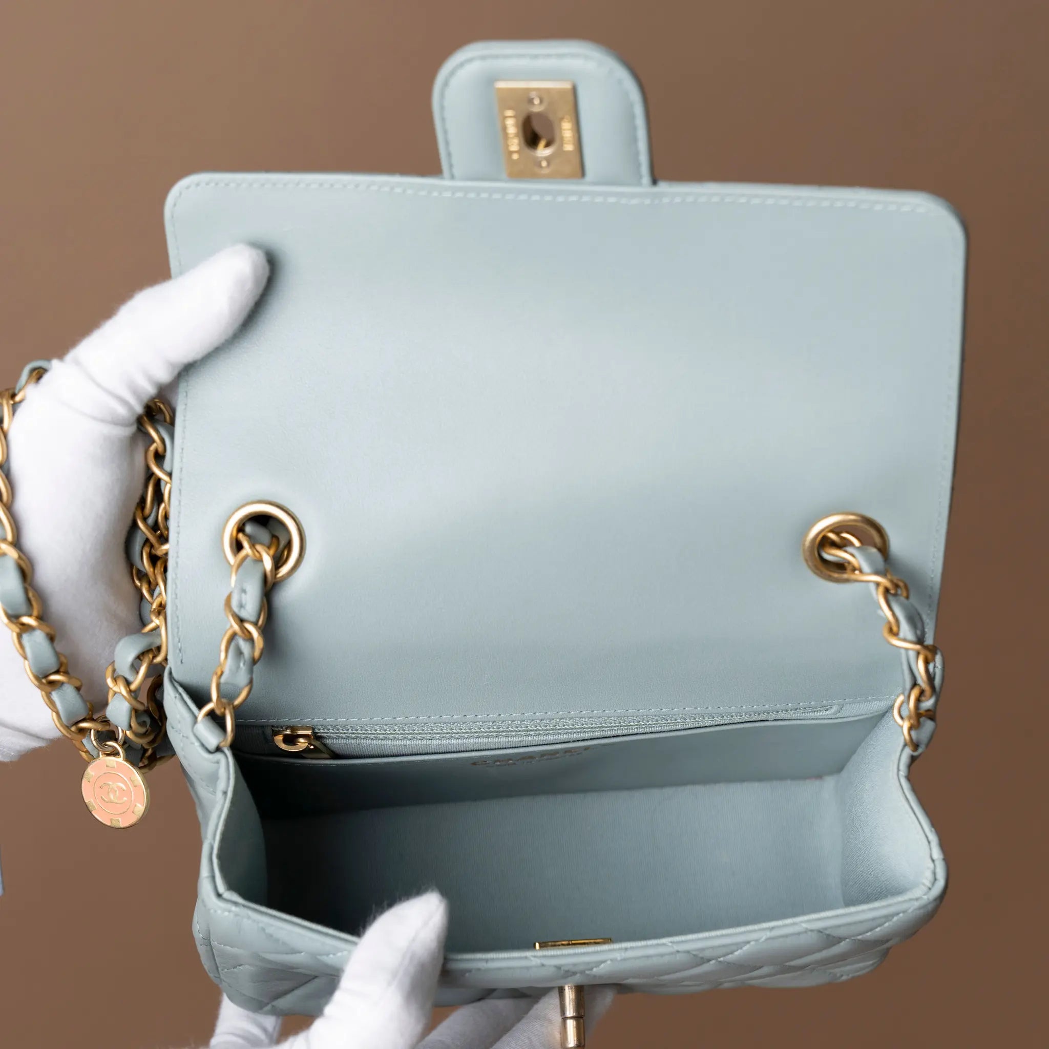 Chanel Mini Square Classic Lambskin Casino Royale Charms Single Flap — Interior Detail
