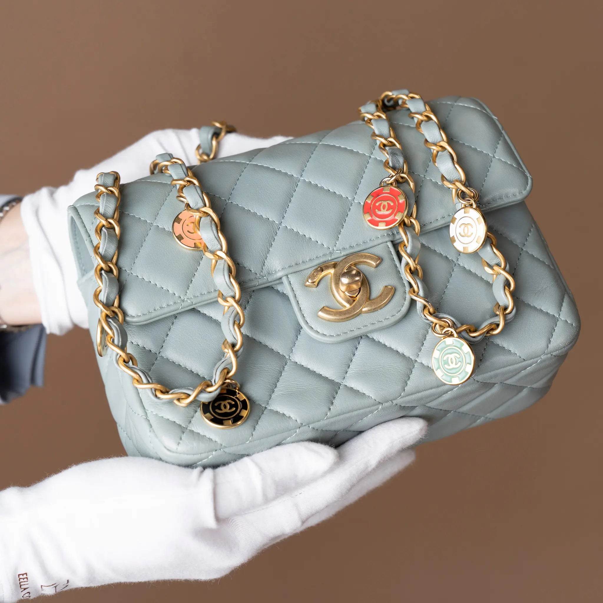 Chanel Mini Square Classic Lambskin Casino Royale Charms Single Flap — Close-up Detail