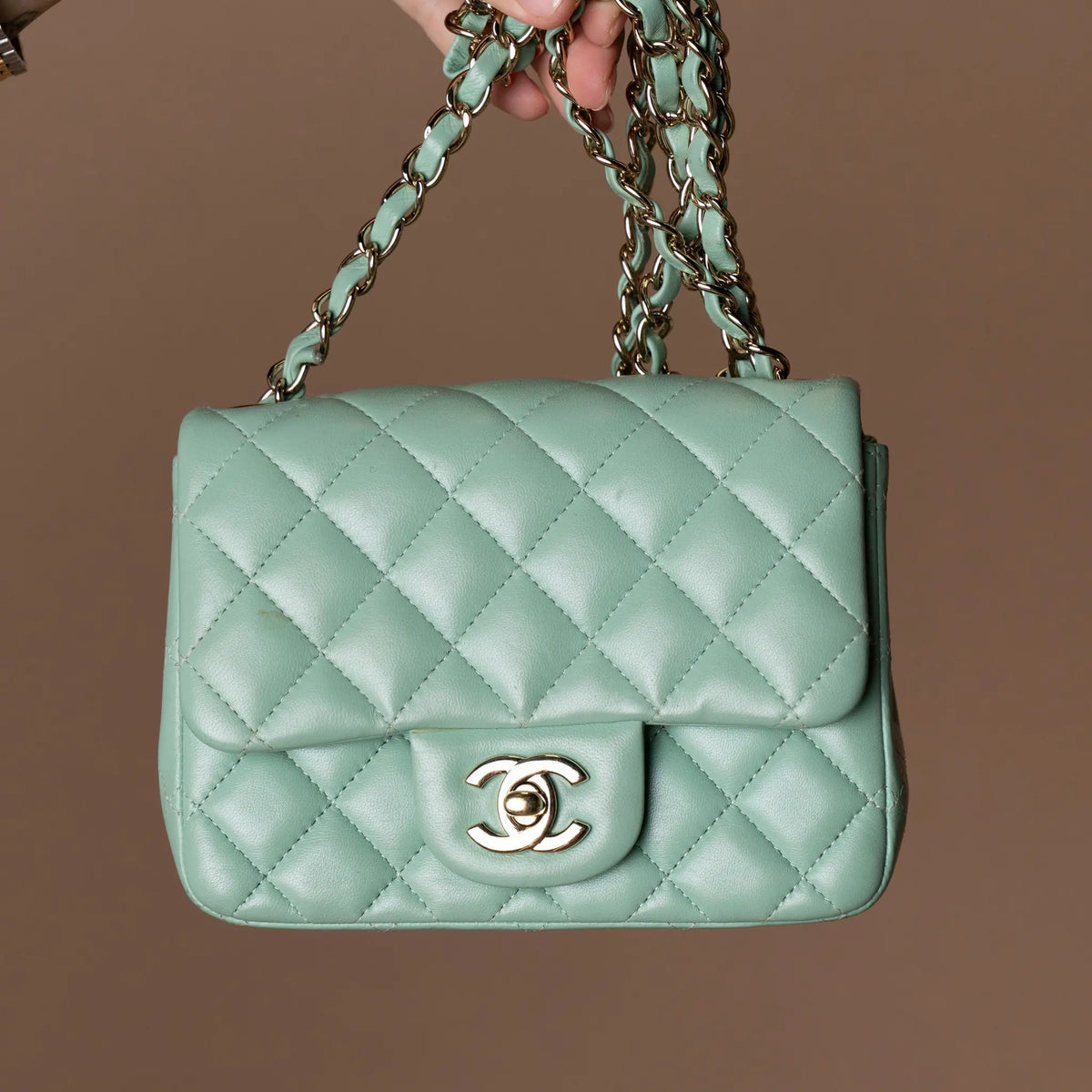 Chanel Mini Square Classic Lambskin Single Flap — Close-up Detail