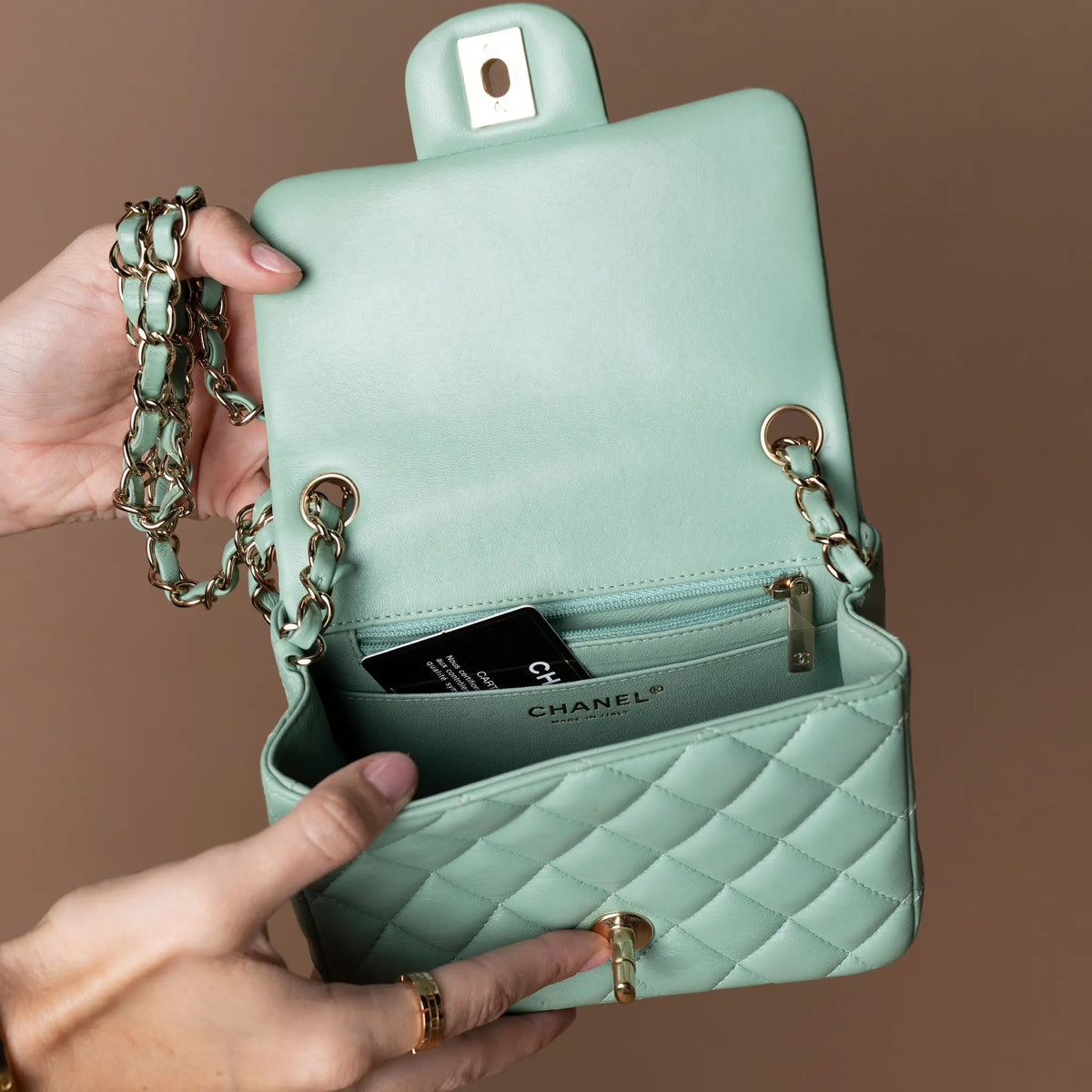 Chanel Mini Square Classic Lambskin Single Flap — Detail View