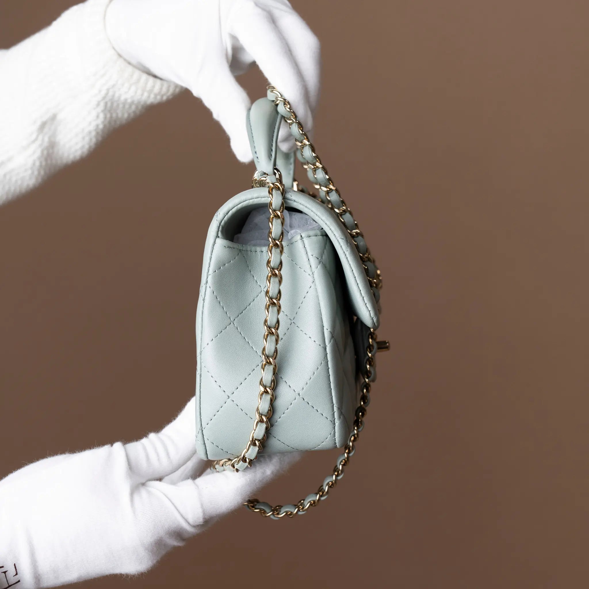 Chanel Mini Top Handle Single Flap Lambskin — Close-up Detail
