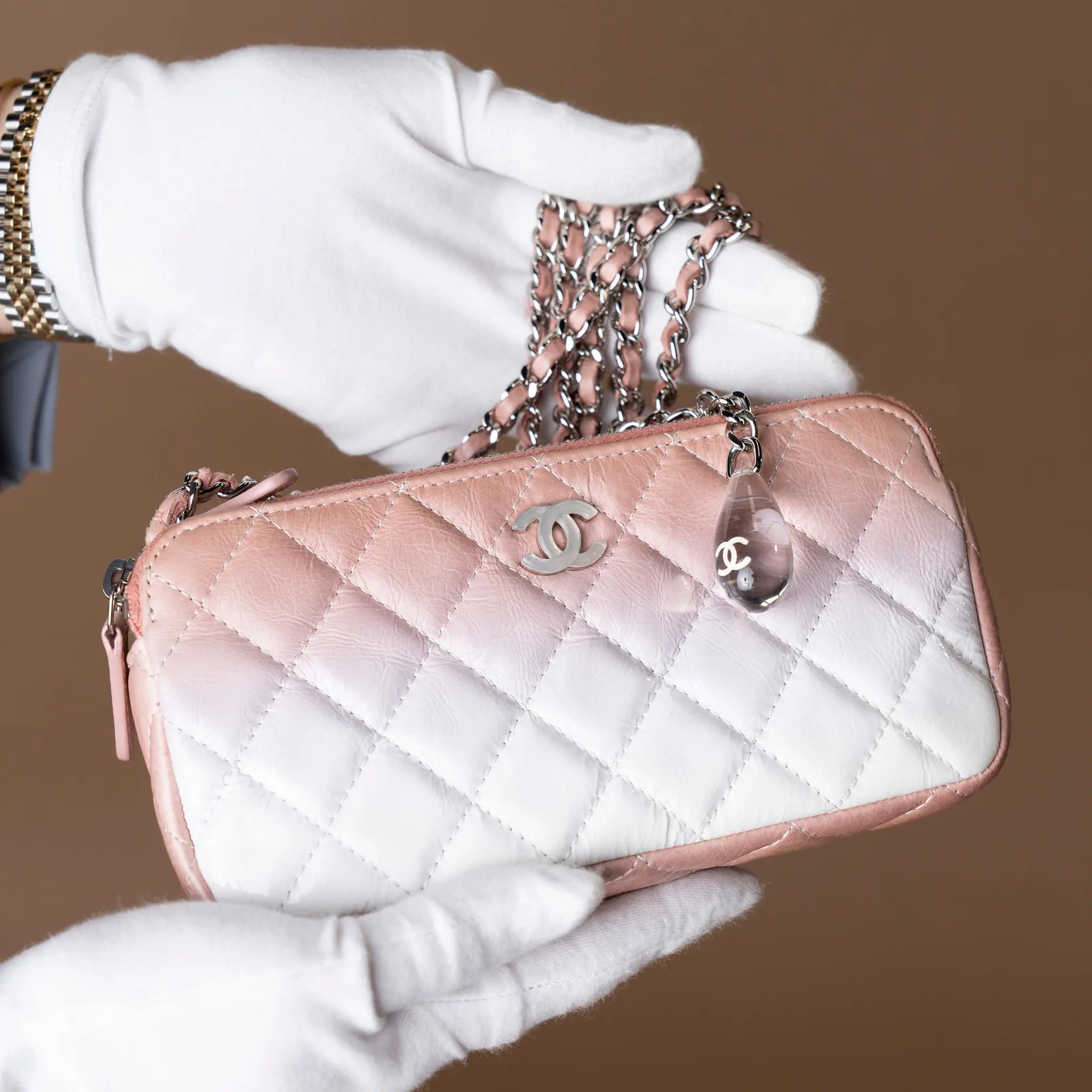 Chanel Ombre Calfskin Double Zip Clutch On Chain — Front View