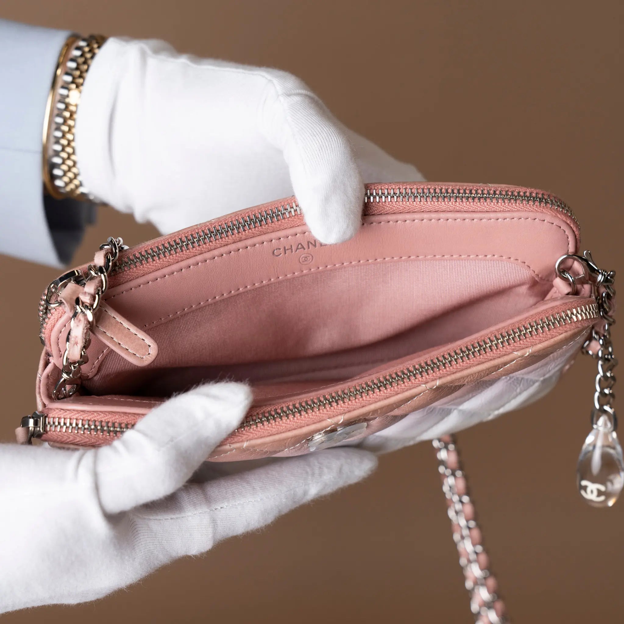 Chanel Ombre Calfskin Double Zip Clutch On Chain — Side Profile