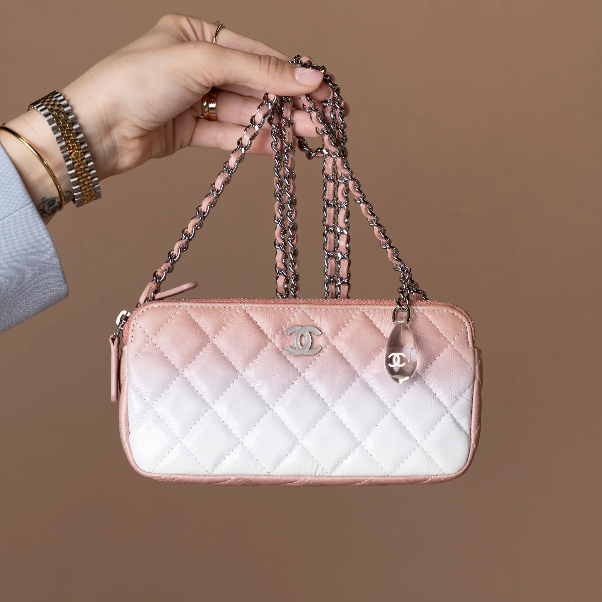 Chanel Ombre Calfskin Double Zip Clutch On Chain — Interior Detail